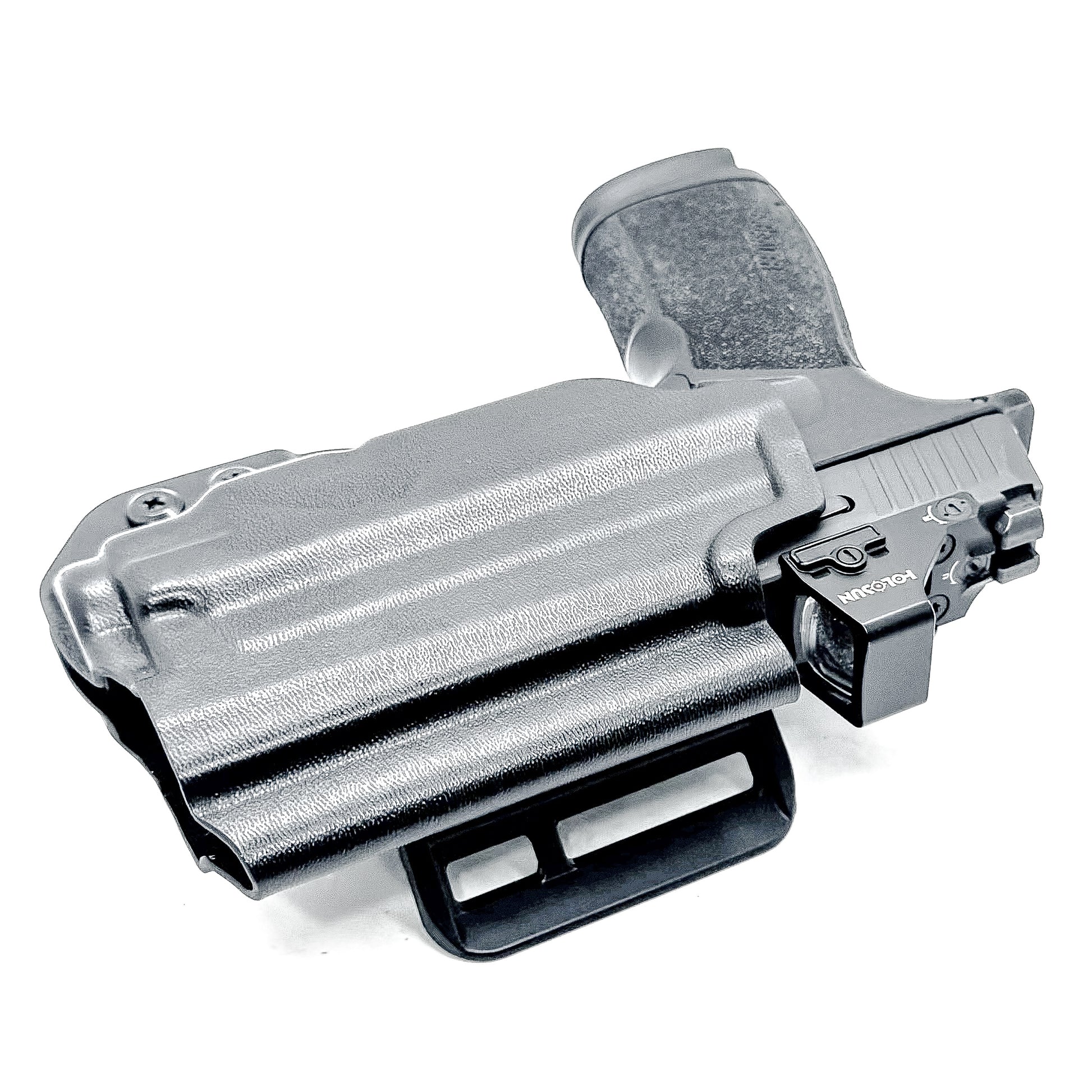 Outside the Waistband OWB holster for the Sig Sauer P365-XMACRO & TLR-7 Sub light in black with 4BROS 1.5" Belt Slide attachment.