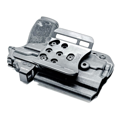 Outside the Waistband OWB holster for the Sig Sauer P365-XMACRO & TLR-7 Sub light in black with 4BROS 1.5" Belt Slide attachment.