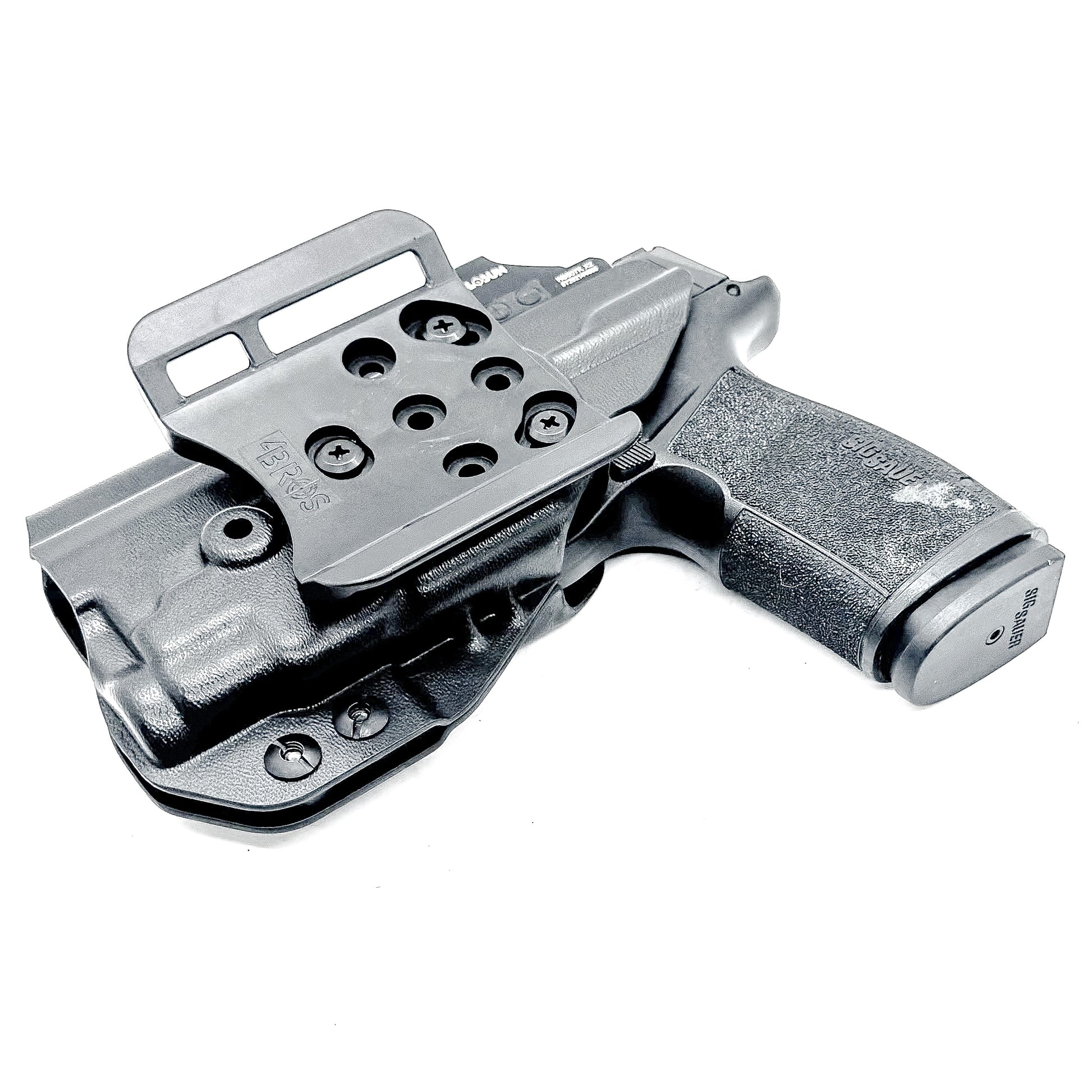 Outside the Waistband OWB holster for the Sig Sauer P365-XMACRO & TLR-7 Sub light in black with 4BROS 1.5" Belt Slide attachment.