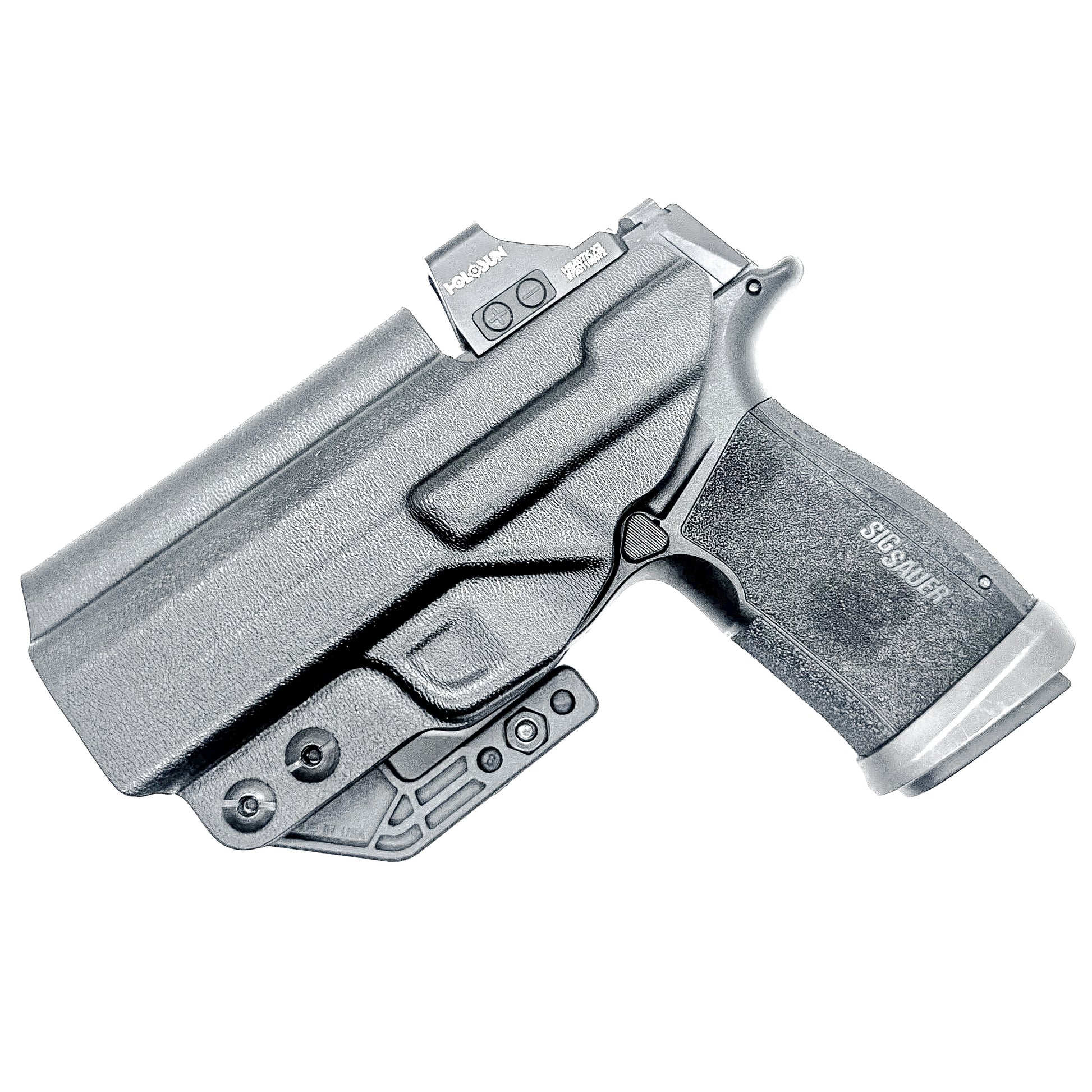 Inside Waistband Holster for the Sig Sauer P365-XMacro Tacops with Monoblock and Modwing in black.