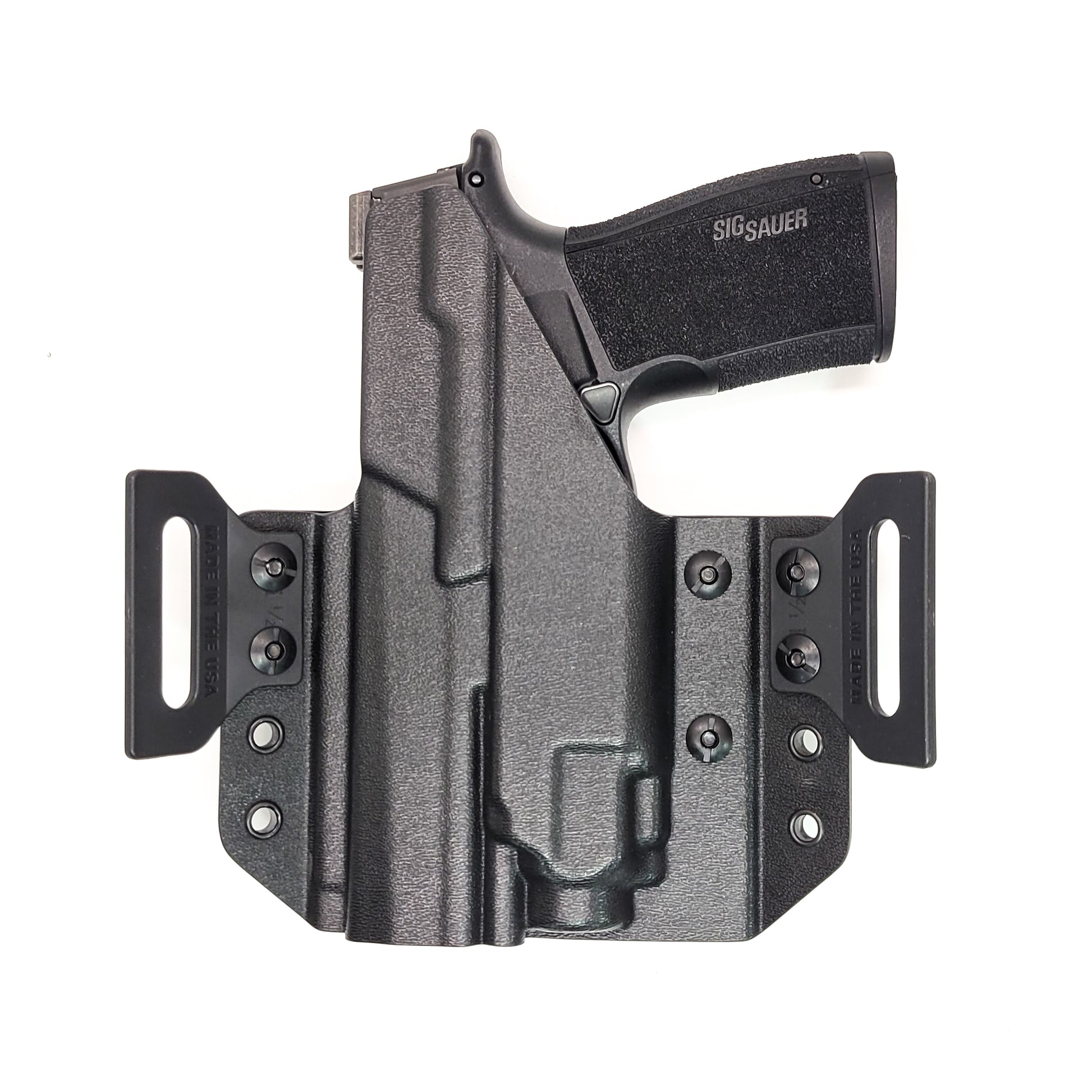 OWB Kydex holster for Sig Sauer P365-XMACRO with TLR-8 Sub Pancake holster, adjustable retention, open muzzle, optic/red dot ready. Made in USA.