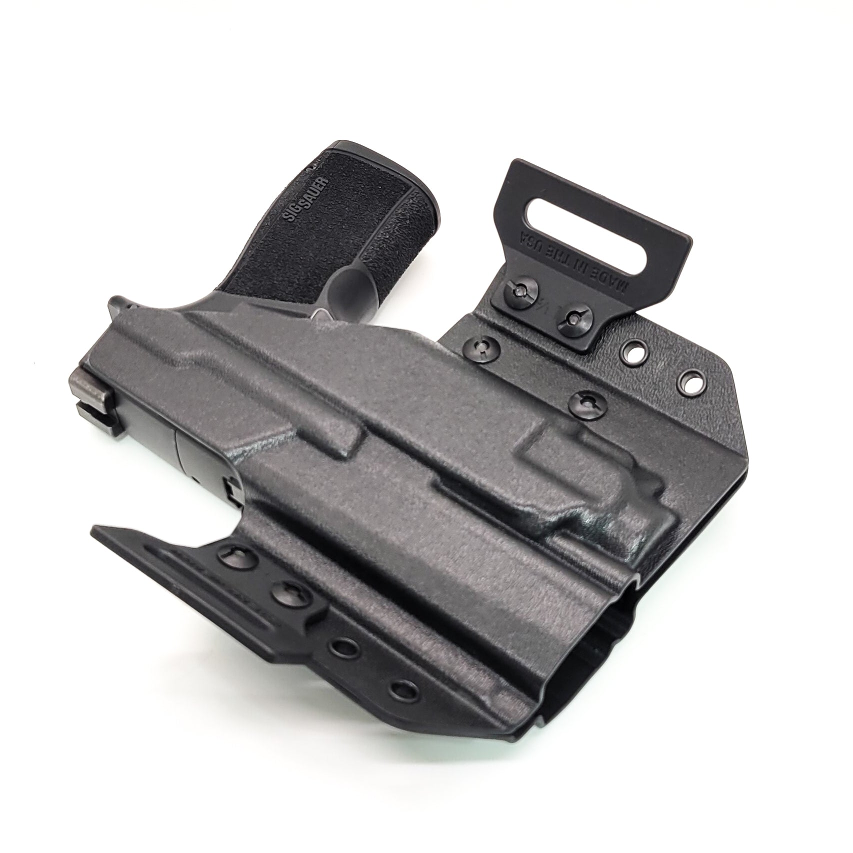 OWB Kydex holster for Sig Sauer P365-XMACRO with TLR-8 Sub Pancake holster, adjustable retention, open muzzle, optic/red dot ready. Made in USA.