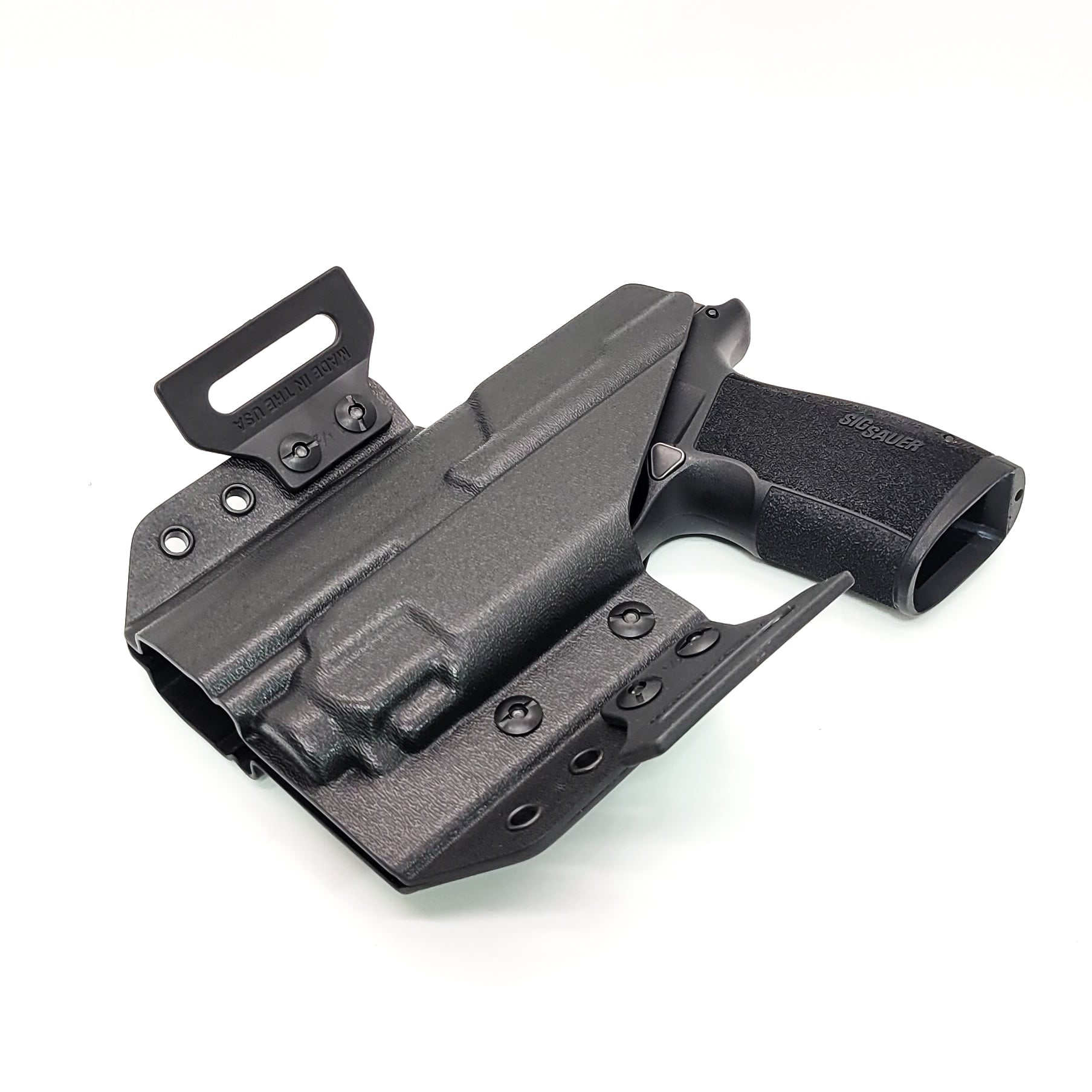 OWB Kydex holster for Sig Sauer P365-XMACRO with TLR-8 Sub Pancake holster, adjustable retention, open muzzle, optic/red dot ready. Made in USA.