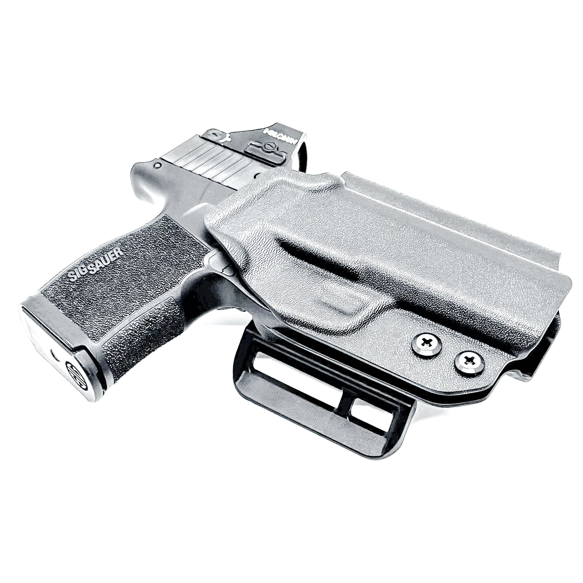 Black Outside Waistband OWB Kydex Holster for the Sig Sauer P365, P365X, and P365XL handgun with 4BROS 1.5" Belt Slide.