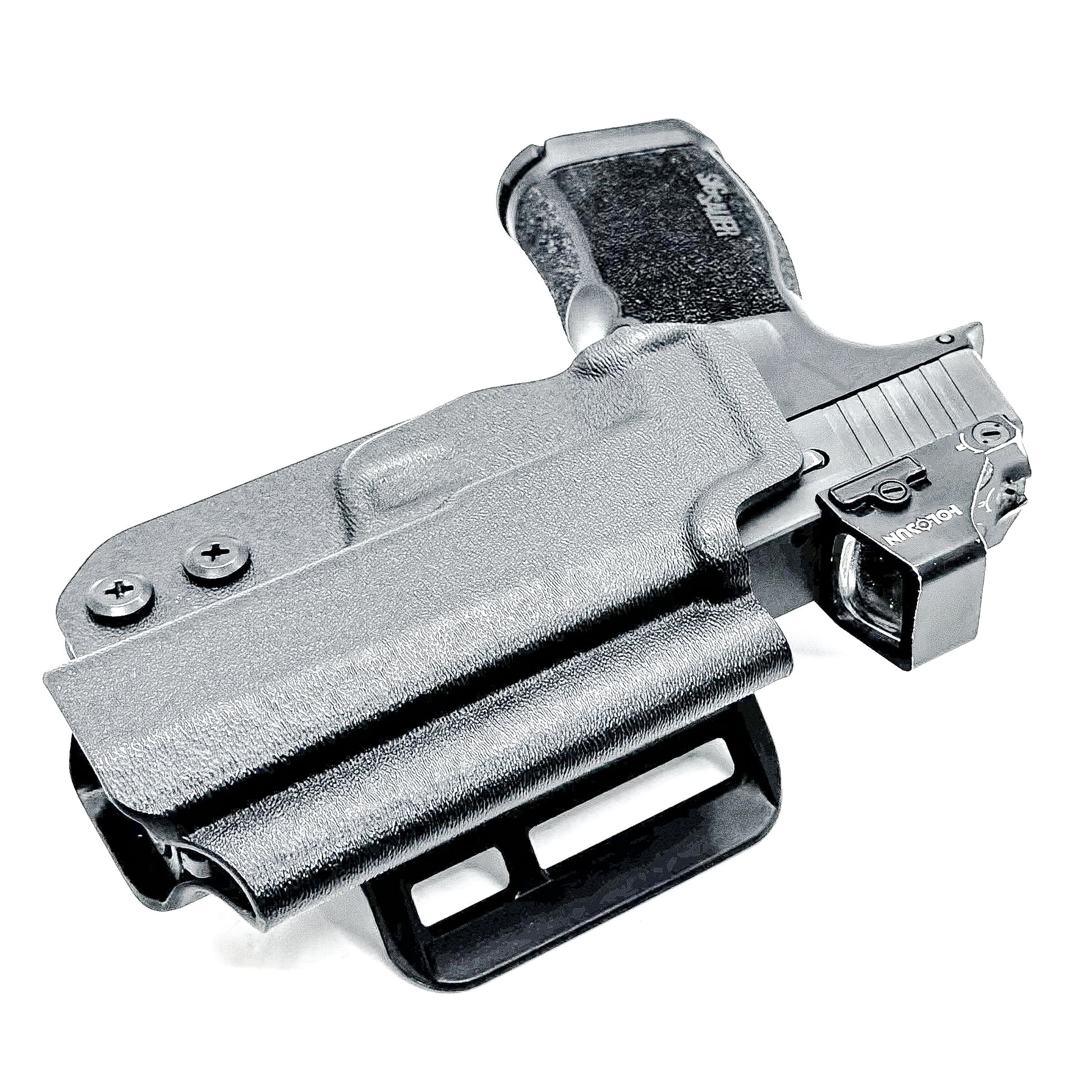 Black Outside Waistband OWB Kydex Holster for the Sig Sauer P365, P365X, and P365XL handgun with 4BROS 1.5" Belt Slide.