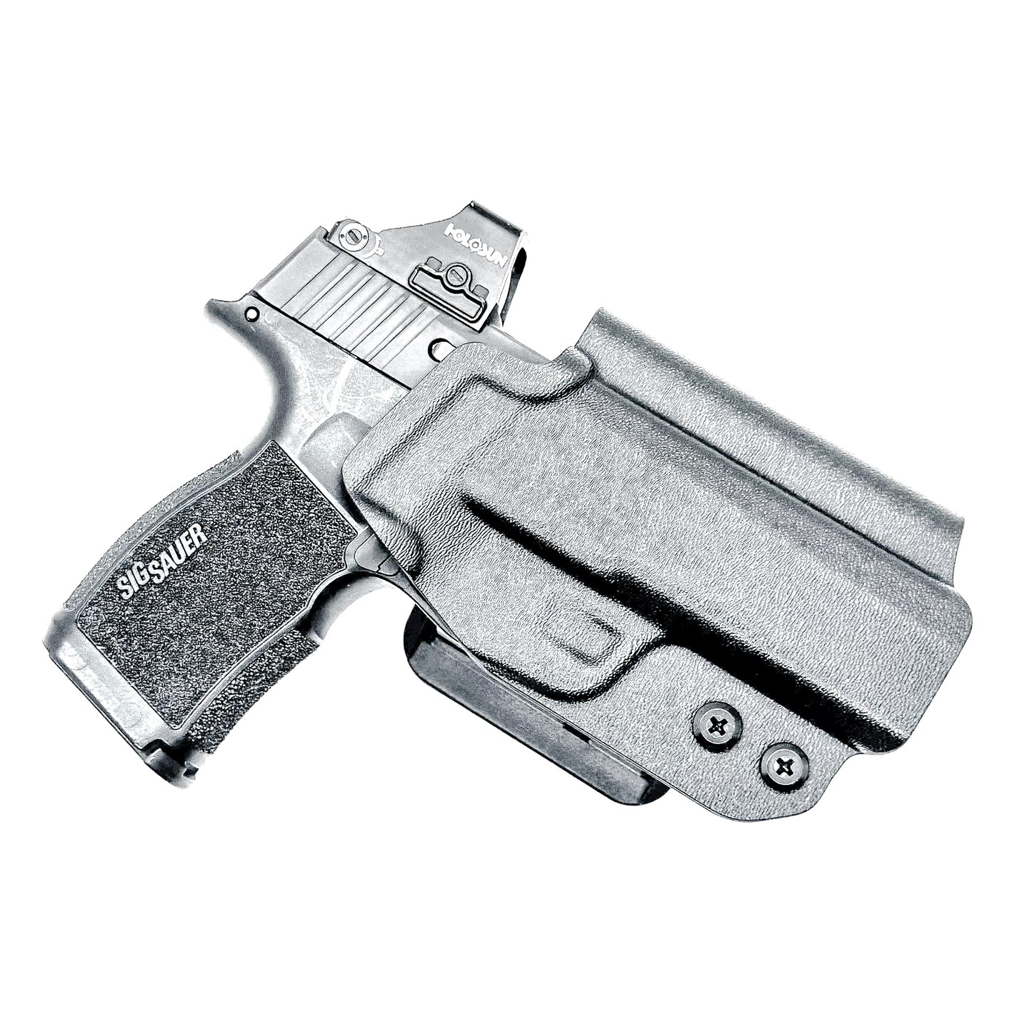 Black Outside Waistband OWB Kydex Holster for the Sig Sauer P365, P365X, and P365XL handgun with 4BROS 1.5" Belt Slide.