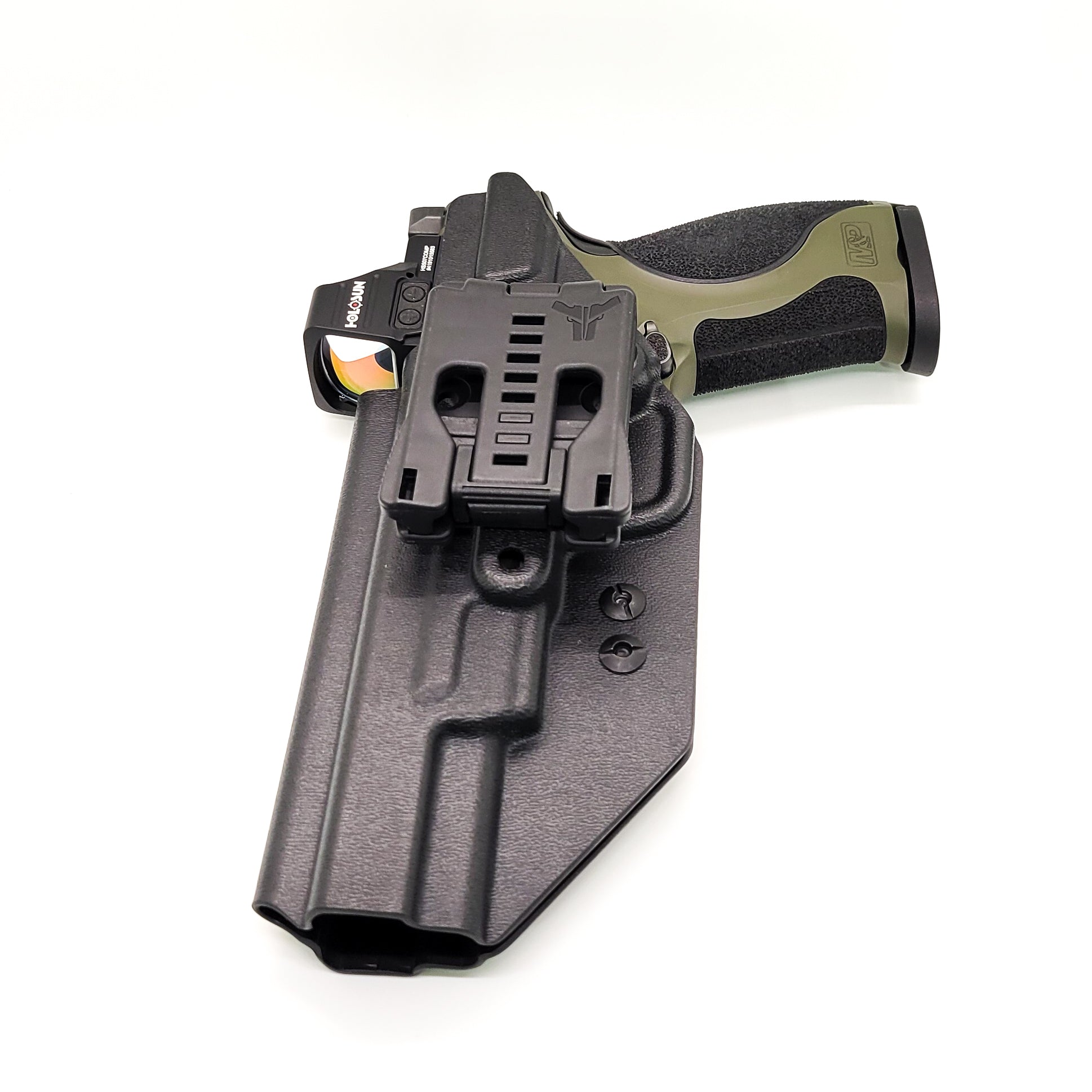 For the best OWB Outside Waistband Kydex Taco Style Holster designed to fit the Smith & Wesson 2023 SPEC Series M&P 9 Metal M2.0 9mm pistol shop Four Brothers Holsters. Full sweat guard, adjustable retention, profiled for a red dot sight. Proudly made in the USA.