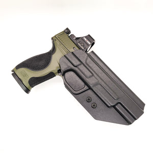 For the best OWB Outside Waistband Kydex Taco Style Holster designed to fit the Smith & Wesson 2023 SPEC Series M&P 9 Metal M2.0 9mm pistol shop Four Brothers Holsters. Full sweat guard, adjustable retention, profiled for a red dot sight. Proudly made in the USA.
