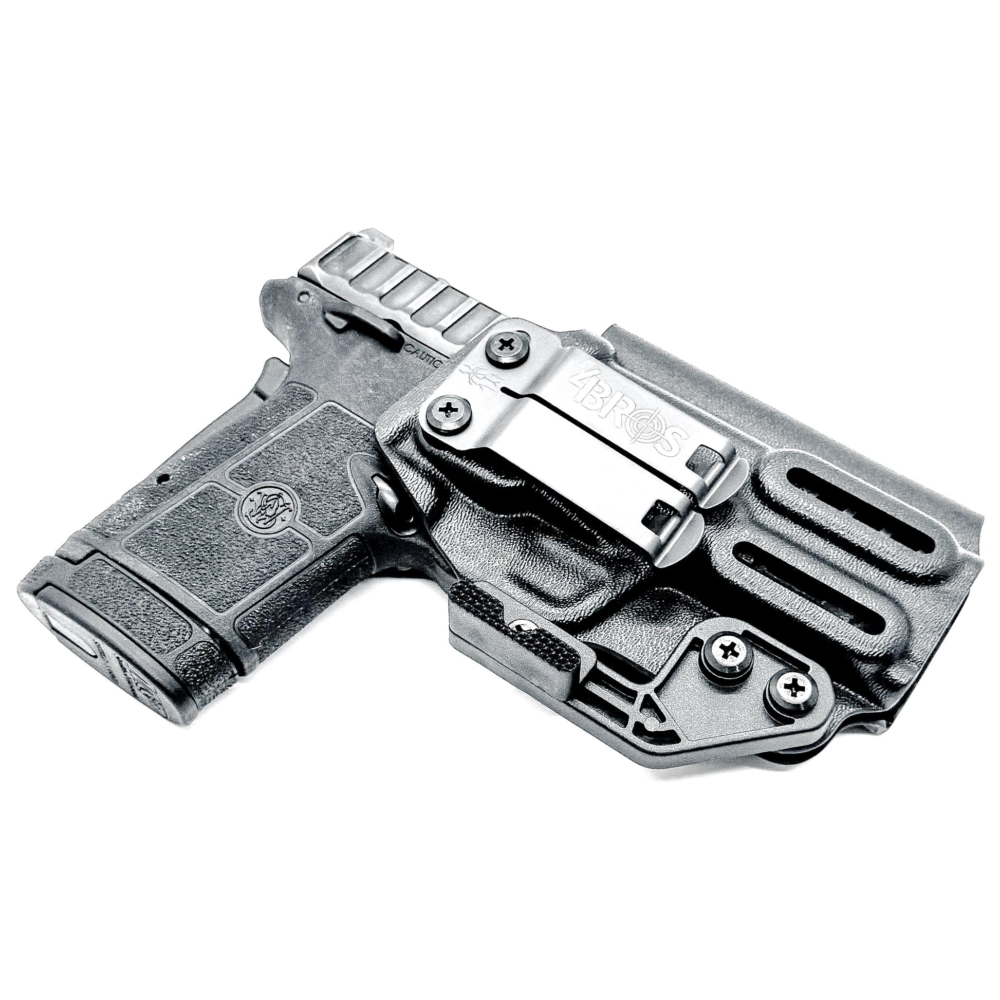 Smith & Wesson Equalizer Inside Waistband (IWB) holster with adjustable retention, optics-ready cut, and minimal printing design.  Shown in black with DCC Monoblock and a modwing.