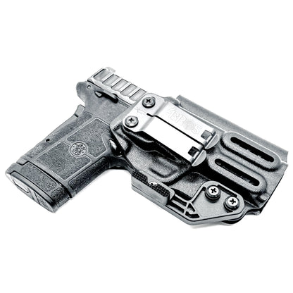 Smith & Wesson Equalizer Inside Waistband (IWB) holster with adjustable retention, optics-ready cut, and minimal printing design.  Shown in black with DCC Monoblock and a modwing.