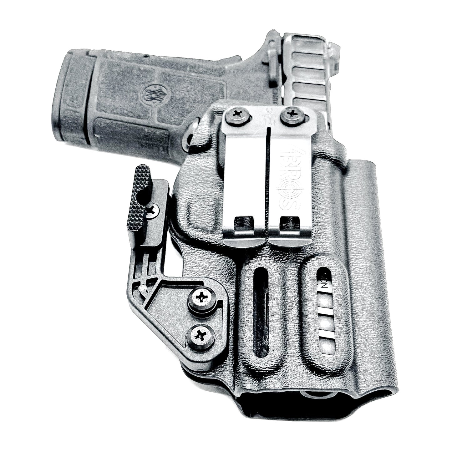 Smith & Wesson Equalizer Inside Waistband (IWB) holster with adjustable retention, optics-ready cut, and minimal printing design.  Shown in black with DCC Monoblock and a modwing.