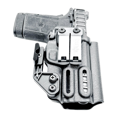 Smith & Wesson Equalizer Inside Waistband (IWB) holster with adjustable retention, optics-ready cut, and minimal printing design.  Shown in black with DCC Monoblock and a modwing.