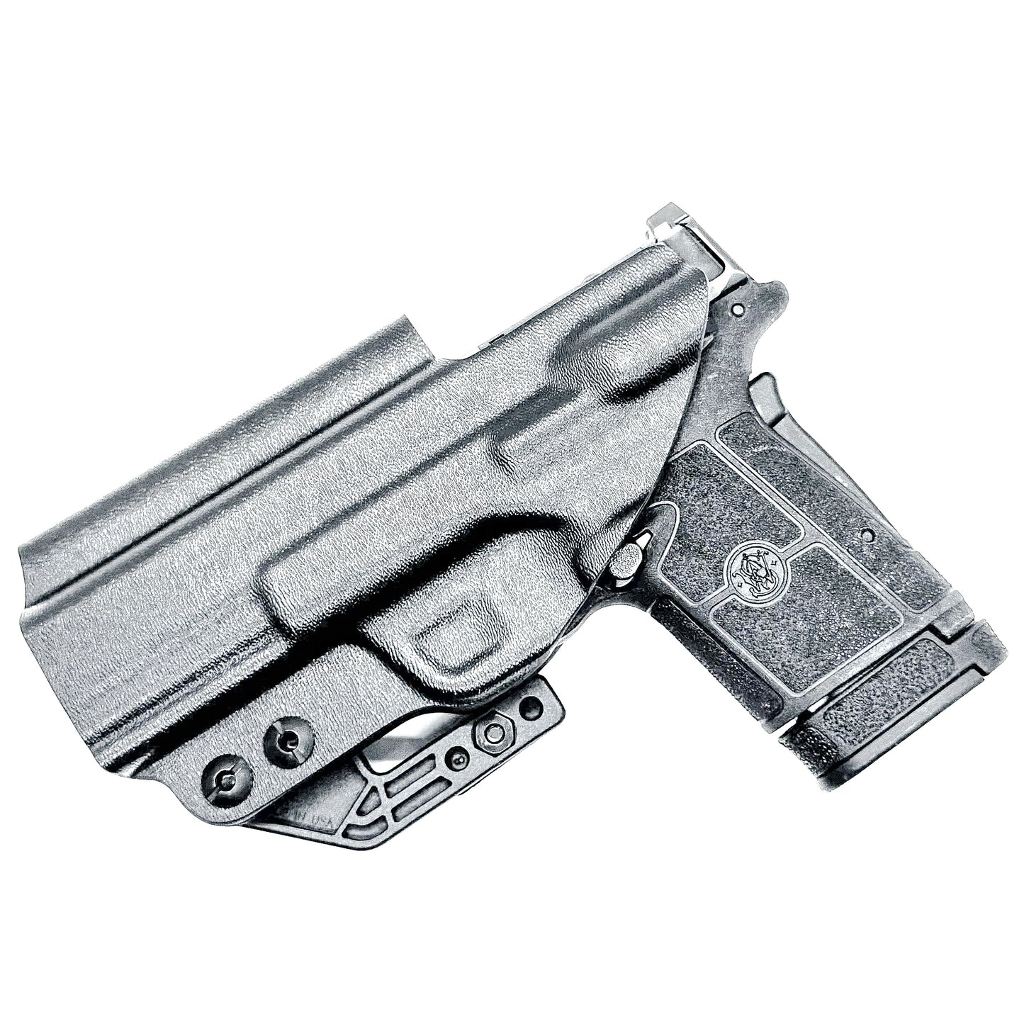 Smith & Wesson Equalizer Inside Waistband (IWB) holster with adjustable retention, optics-ready cut, and minimal printing design.  Shown in black with DCC Monoblock and a modwing.