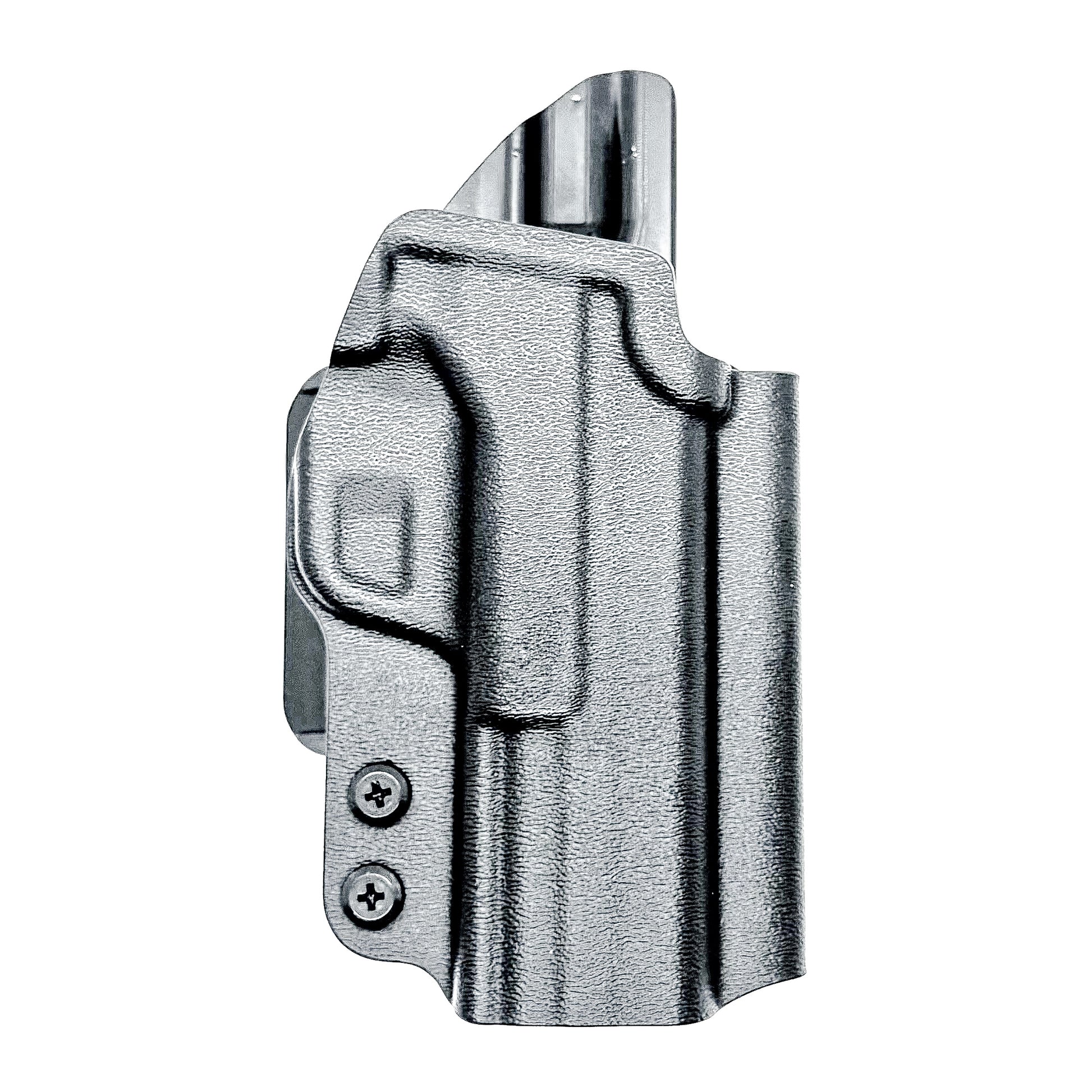 Smith & Wesson M&P 9 Shield EZ OWB Outside Waistband holster with adjustable retention, optic-ready cut.  Shown in black with a 4BROS 1.5" Belt Slide.