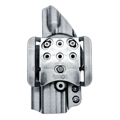 Smith & Wesson M&P 9 Shield EZ OWB Outside Waistband holster with adjustable retention, optic-ready cut.  Shown in black with a 4BROS 1.5" Belt Slide.