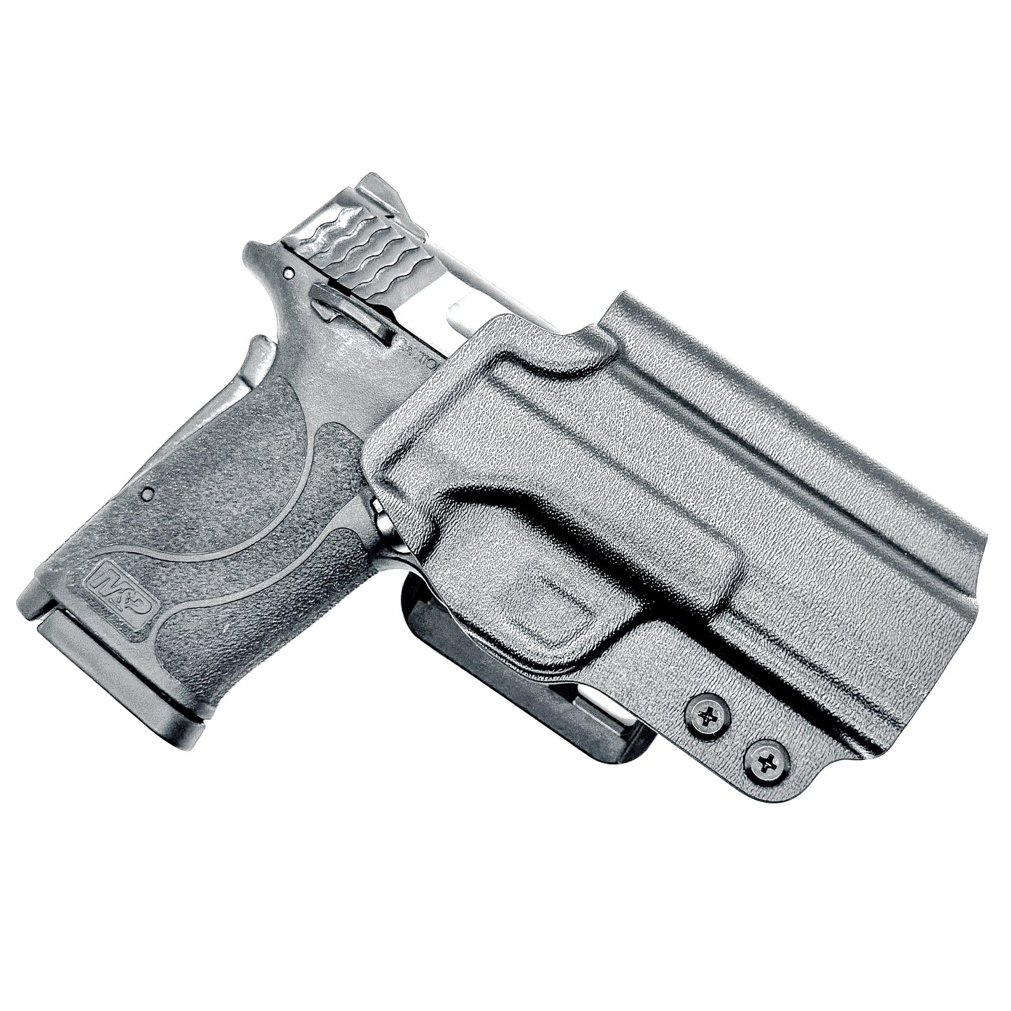 Smith & Wesson M&P 9 Shield EZ OWB Outside Waistband holster with adjustable retention, optic-ready cut.  Shown in black with a 4BROS 1.5" Belt Slide.