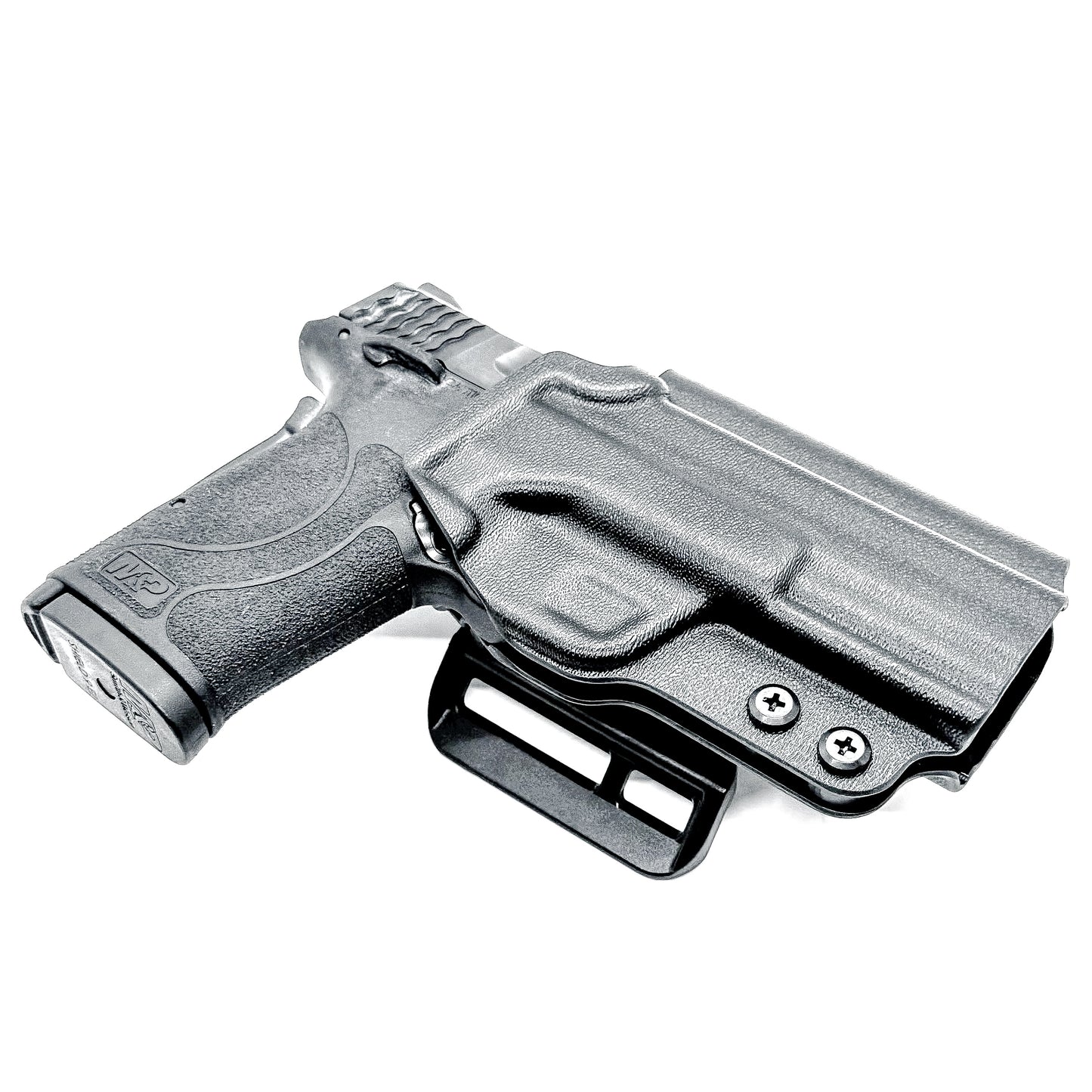 Smith & Wesson M&P 9 Shield EZ OWB Outside Waistband holster with adjustable retention, optic-ready cut.  Shown in black with a 4BROS 1.5" Belt Slide.
