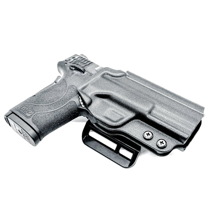 Smith & Wesson M&P 9 Shield EZ OWB Outside Waistband holster with adjustable retention, optic-ready cut.  Shown in black with a 4BROS 1.5" Belt Slide.