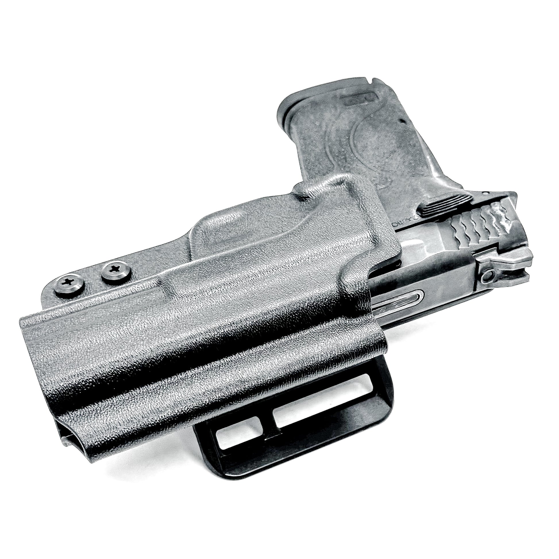 Smith & Wesson M&P 9 Shield EZ OWB Outside Waistband holster with adjustable retention, optic-ready cut.  Shown in black with a 4BROS 1.5" Belt Slide.