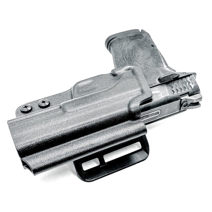 Smith & Wesson M&P 9 Shield EZ OWB Outside Waistband holster with adjustable retention, optic-ready cut.  Shown in black with a 4BROS 1.5" Belt Slide.