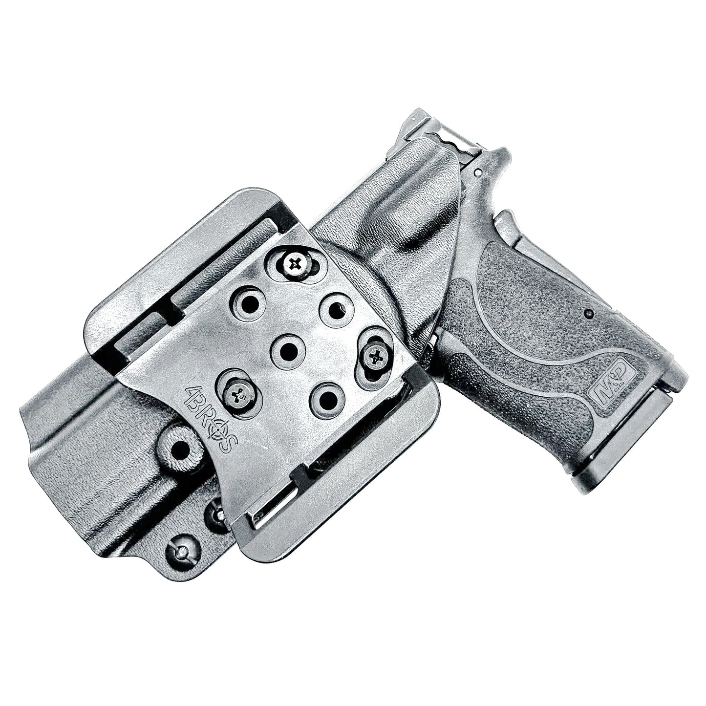 Smith & Wesson M&P 9 Shield EZ OWB Outside Waistband holster with adjustable retention, optic-ready cut.  Shown in black with a 4BROS 1.5" Belt Slide.