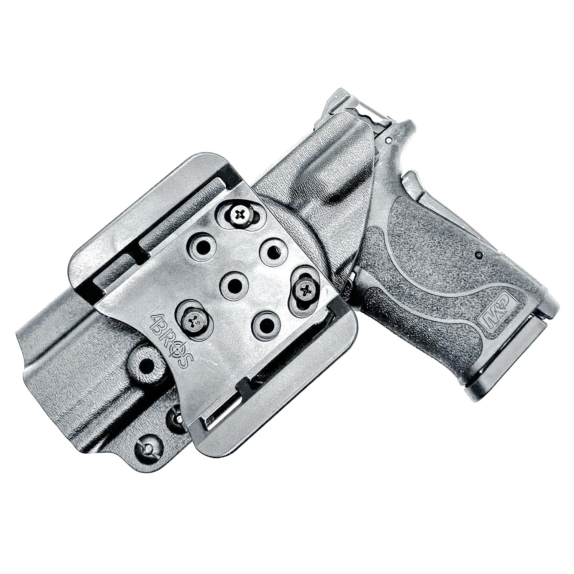 Smith & Wesson M&P 9 Shield EZ OWB Outside Waistband holster with adjustable retention, optic-ready cut.  Shown in black with a 4BROS 1.5" Belt Slide.