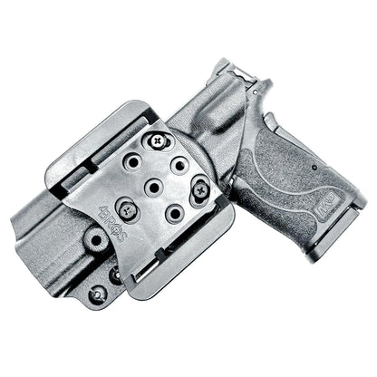 Smith & Wesson M&P 9 Shield EZ OWB Outside Waistband holster with adjustable retention, optic-ready cut.  Shown in black with a 4BROS 1.5" Belt Slide.