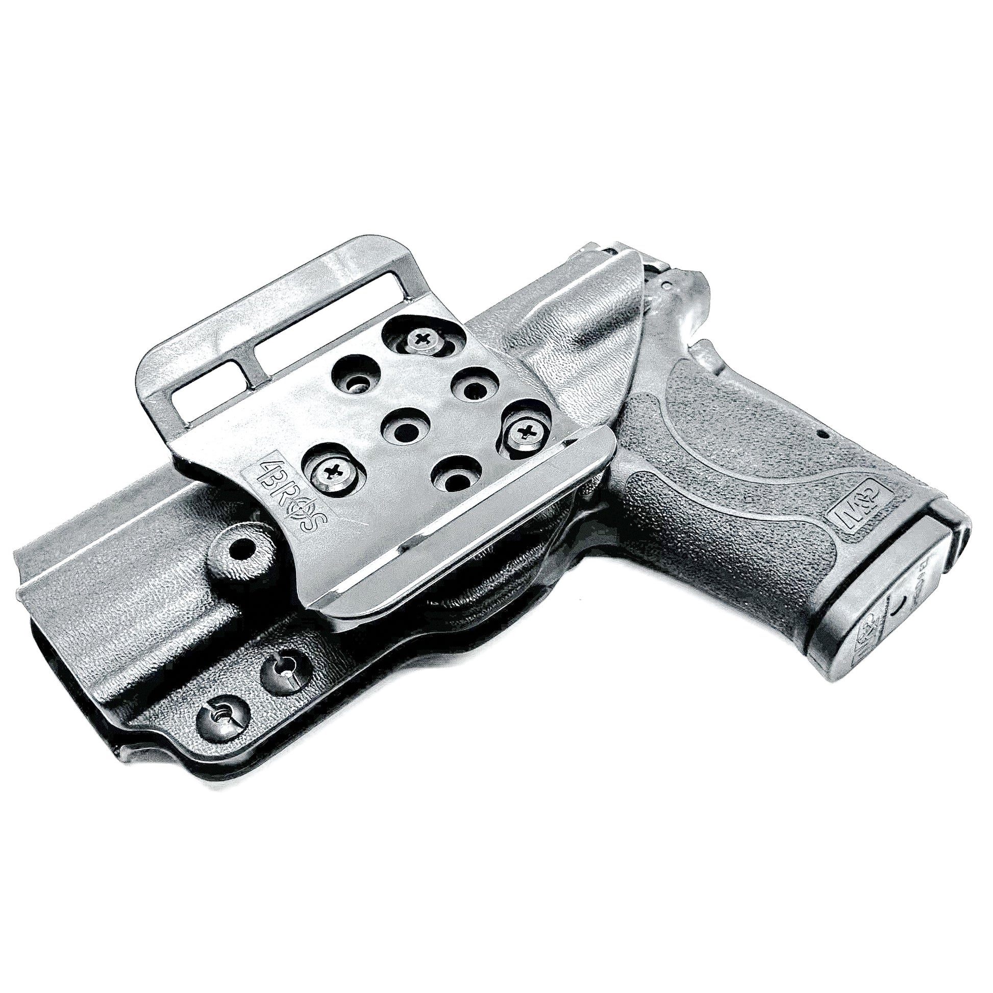 Smith & Wesson M&P 9 Shield EZ OWB Outside Waistband holster with adjustable retention, optic-ready cut.  Shown in black with a 4BROS 1.5" Belt Slide.