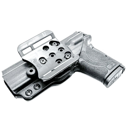 Smith & Wesson M&P 9 Shield EZ OWB Outside Waistband holster with adjustable retention, optic-ready cut.  Shown in black with a 4BROS 1.5" Belt Slide.