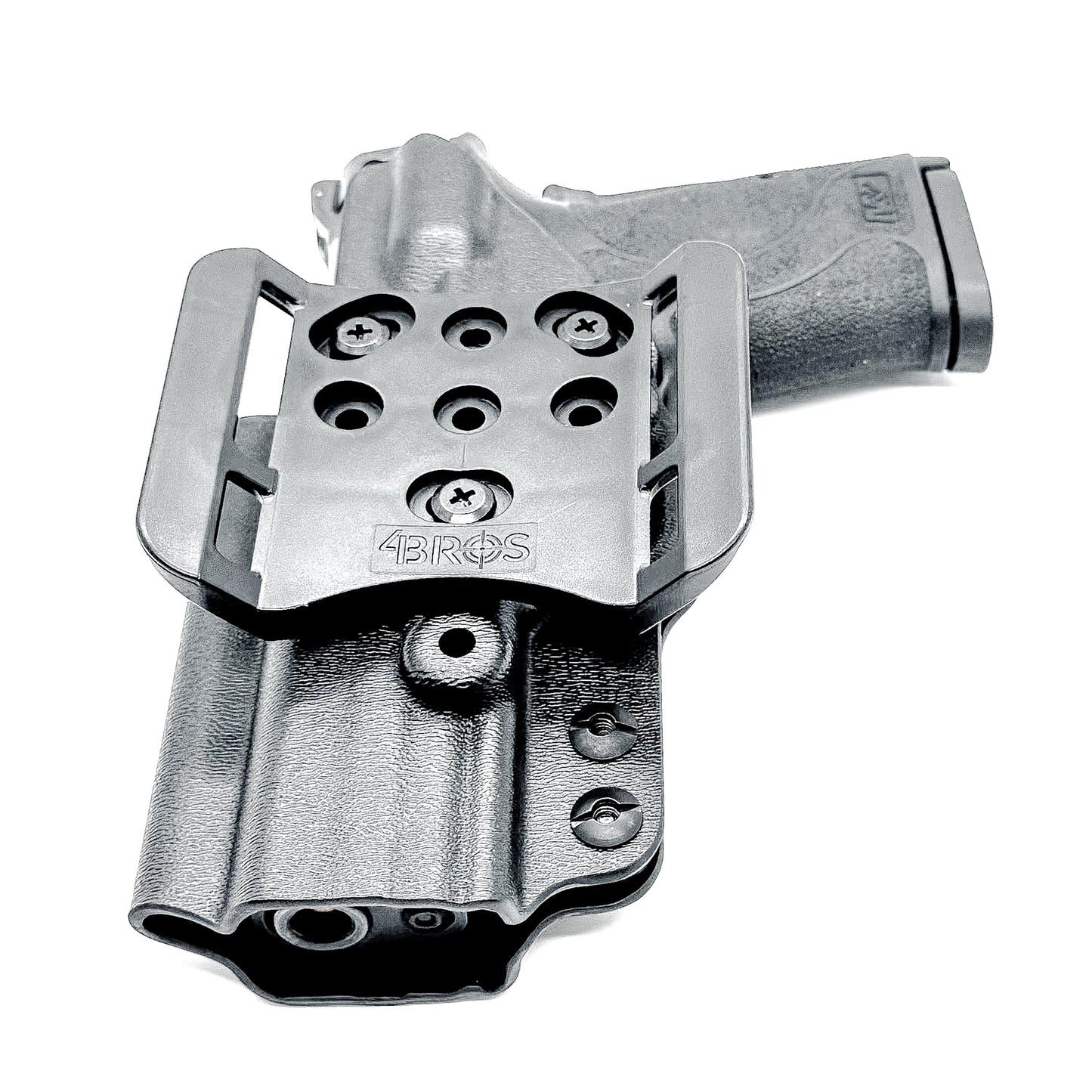 Smith & Wesson M&P 9 Shield EZ OWB Outside Waistband holster with adjustable retention, optic-ready cut.  Shown in black with a 4BROS 1.5" Belt Slide.