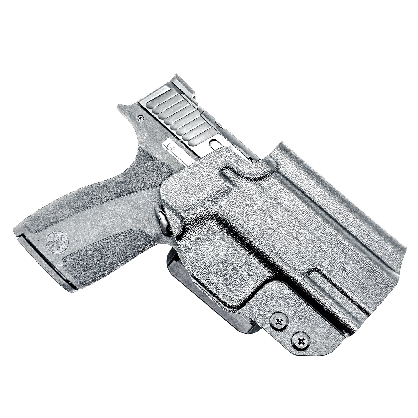 S&W Shield X OWB Kydex holster. Outside Waistband design with adjustable retention, red dot clearance, open muzzle, durable USA construction.