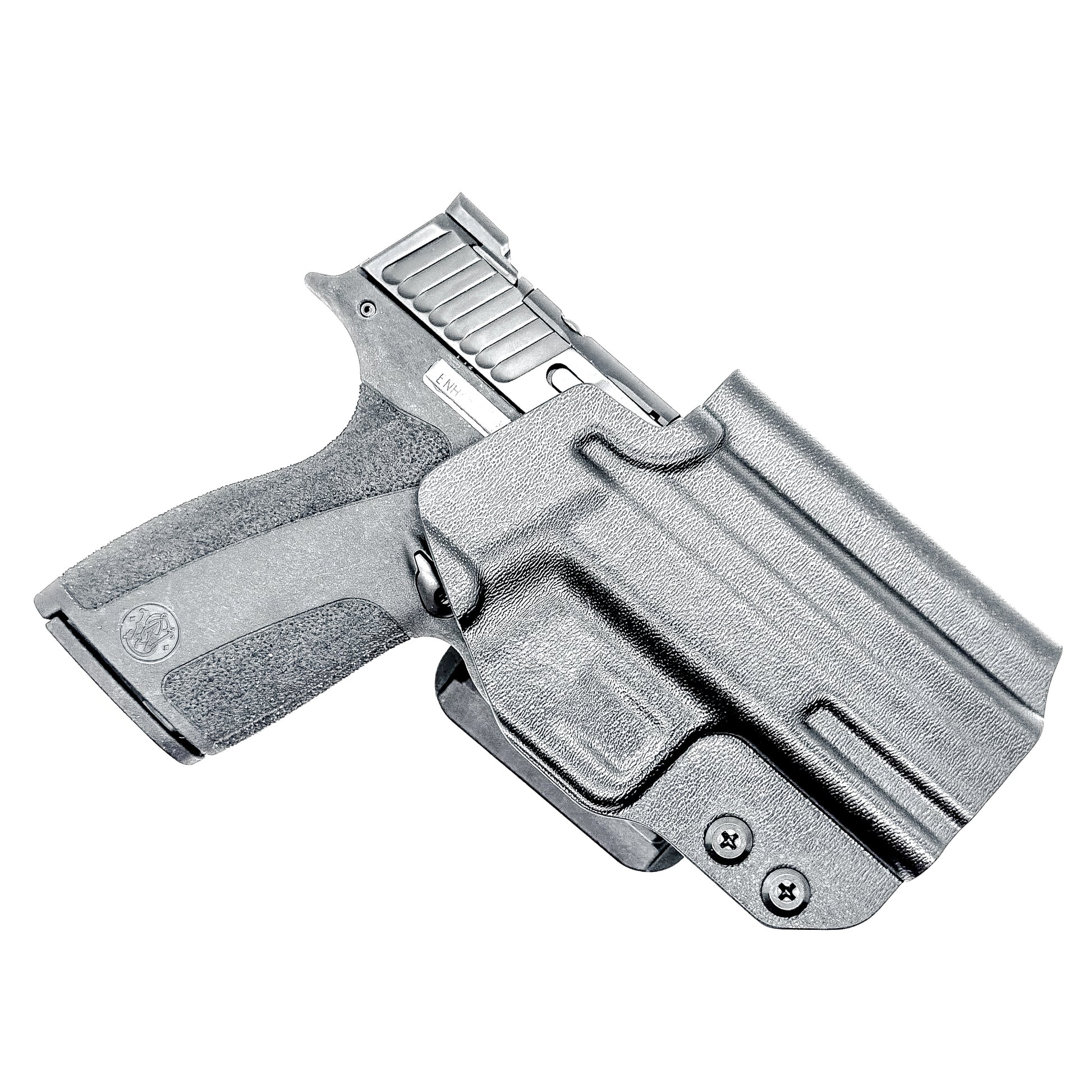 S&W Shield X OWB Kydex holster. Outside Waistband design with adjustable retention, red dot clearance, open muzzle, durable USA construction.