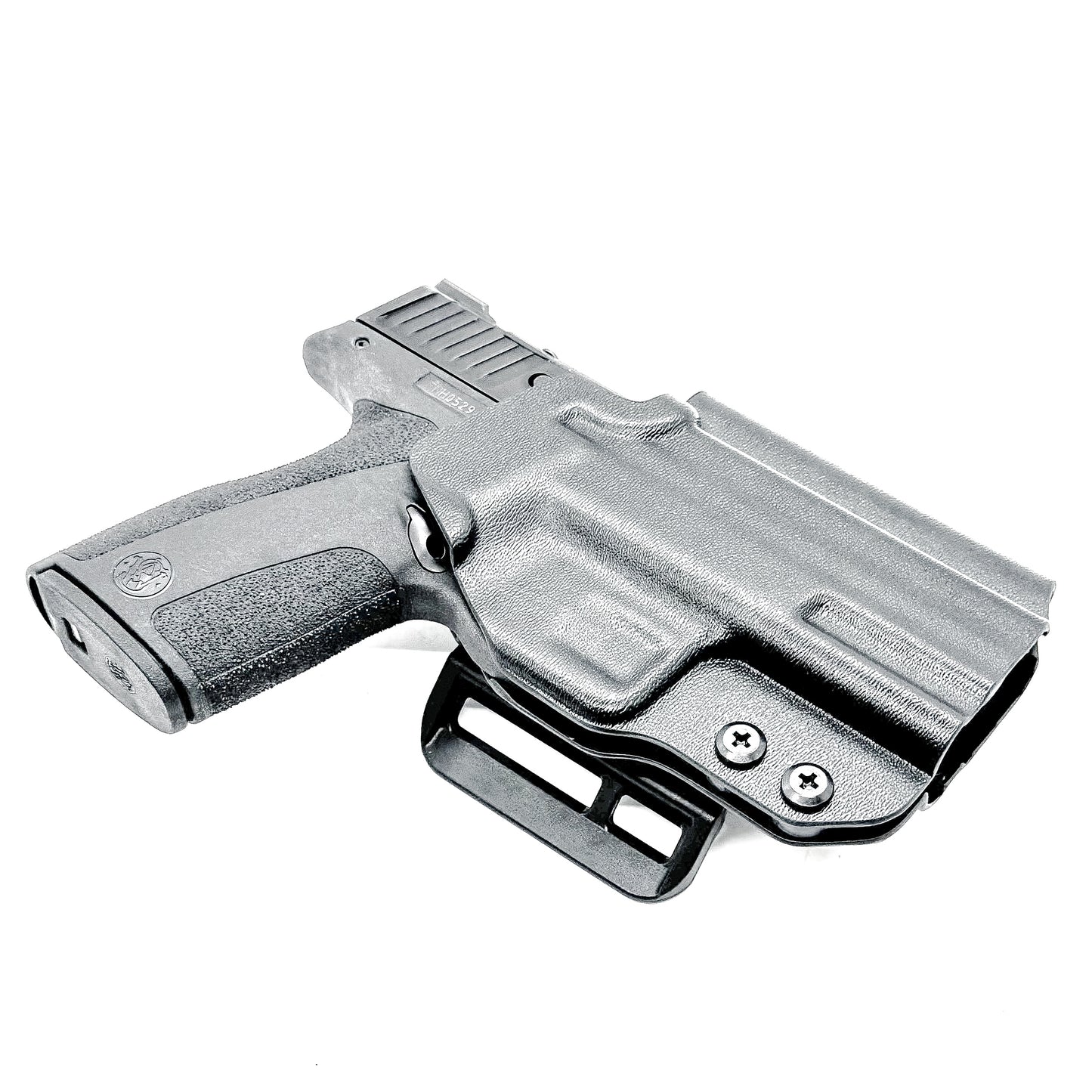 S&W Shield X OWB Kydex holster. Outside Waistband design with adjustable retention, red dot clearance, open muzzle, durable USA construction.