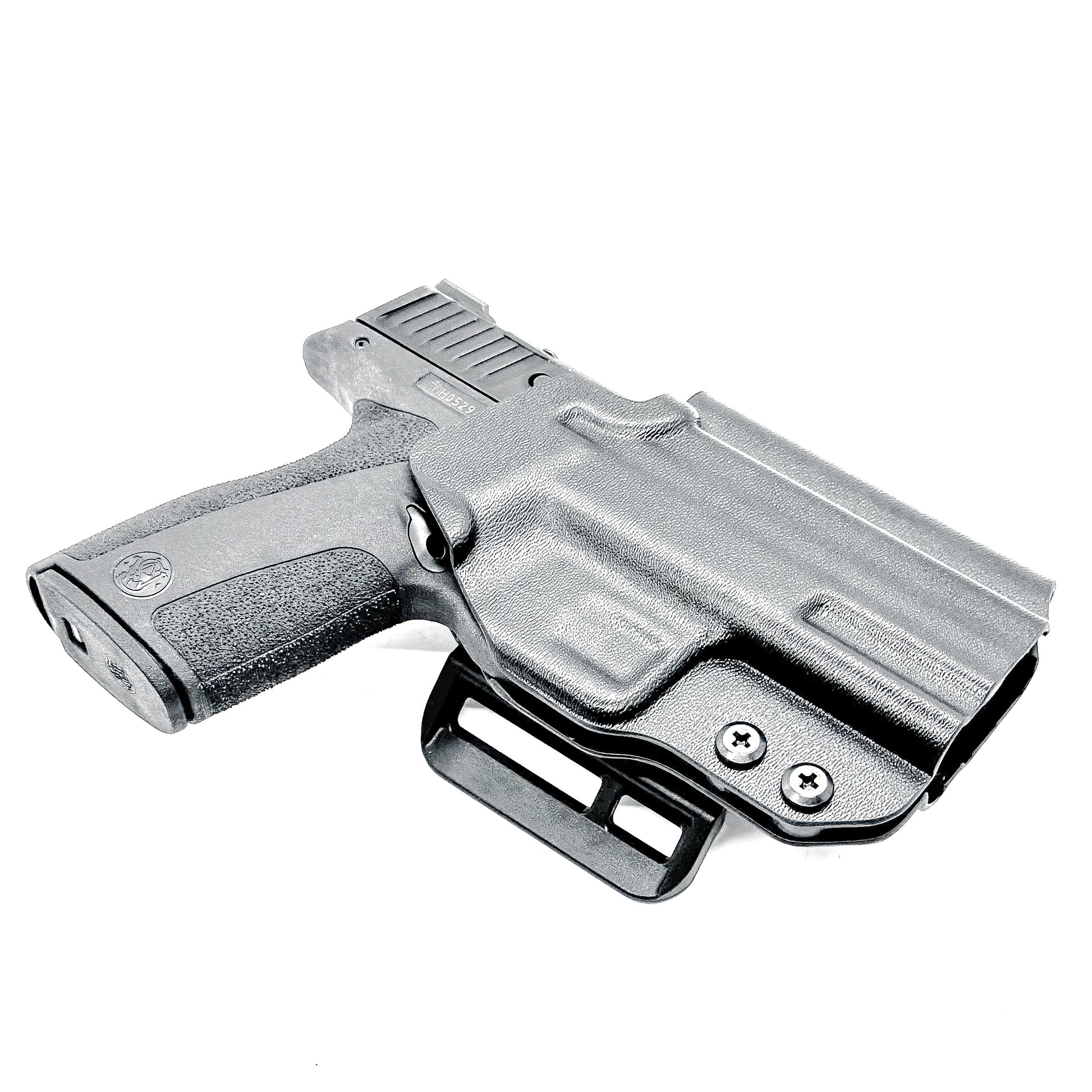 S&W Shield X OWB Kydex holster. Outside Waistband design with adjustable retention, red dot clearance, open muzzle, durable USA construction.