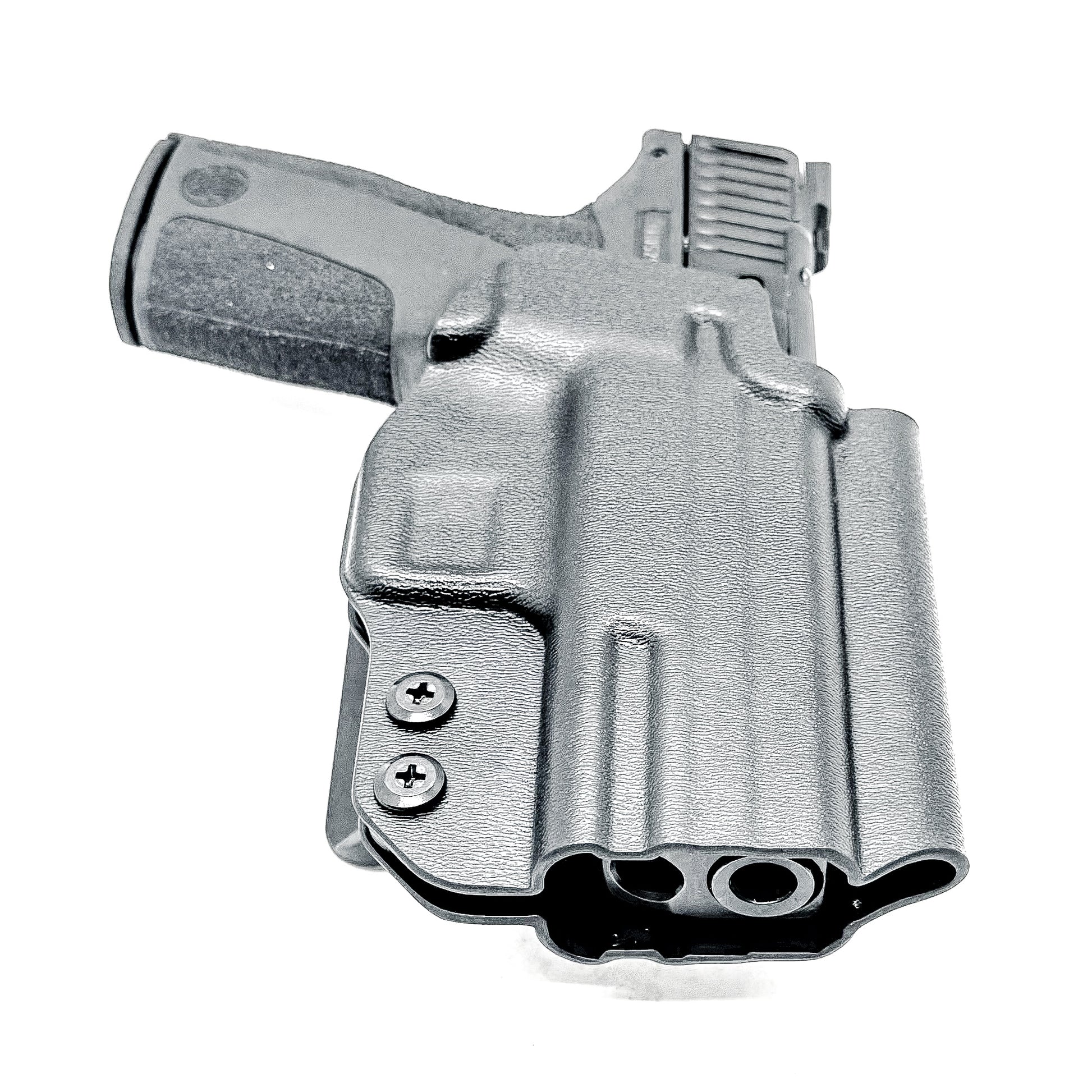 S&W Shield X OWB Kydex holster. Outside Waistband design with adjustable retention, red dot clearance, open muzzle, durable USA construction.