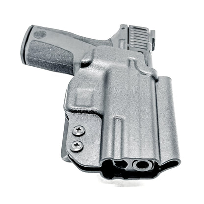 S&W Shield X OWB Kydex holster. Outside Waistband design with adjustable retention, red dot clearance, open muzzle, durable USA construction.