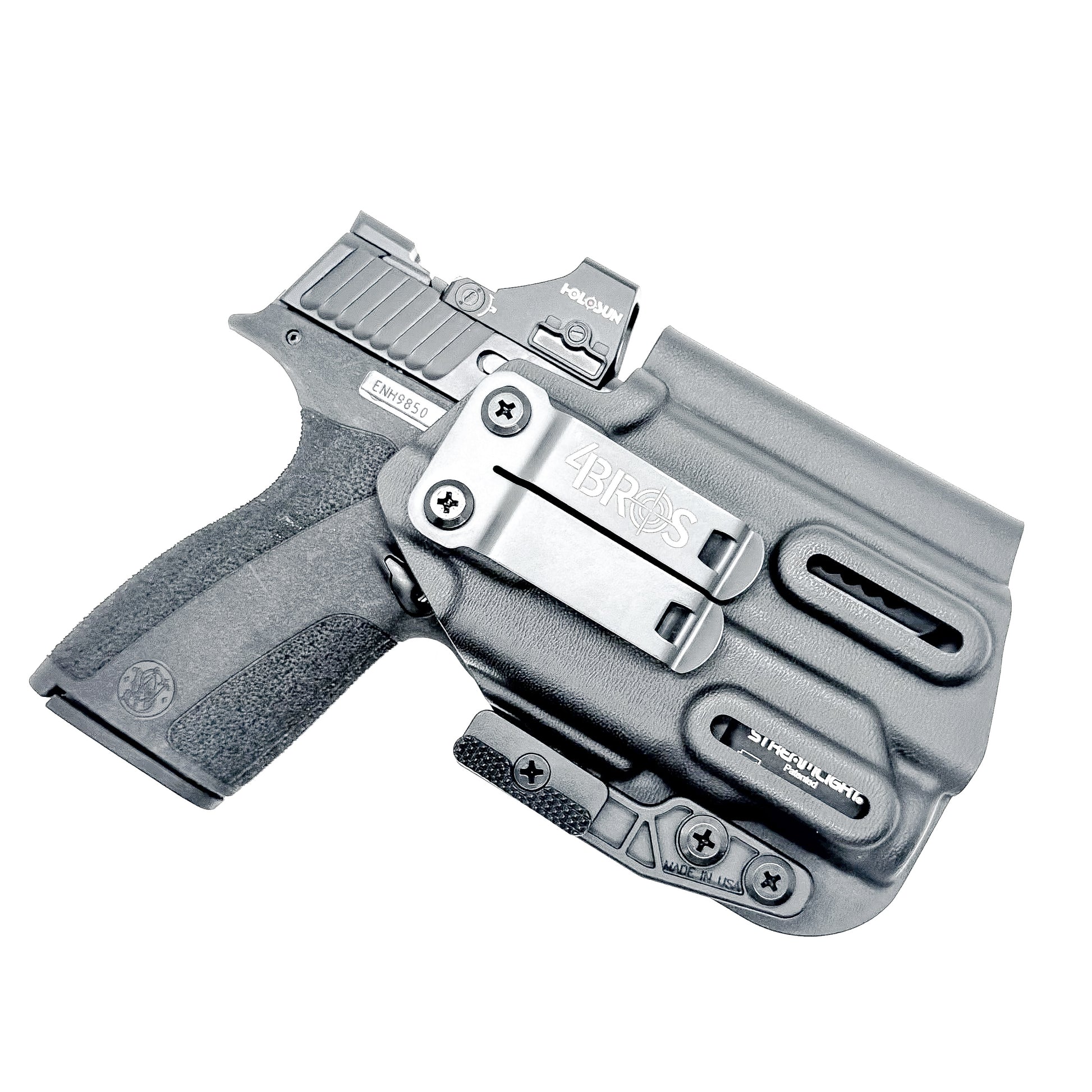 Black Kydex IWB holster for Smith & Wesson M&P Shield X and Streamlight 1913 TLR-7 Sub with a Monoblock and Modwing