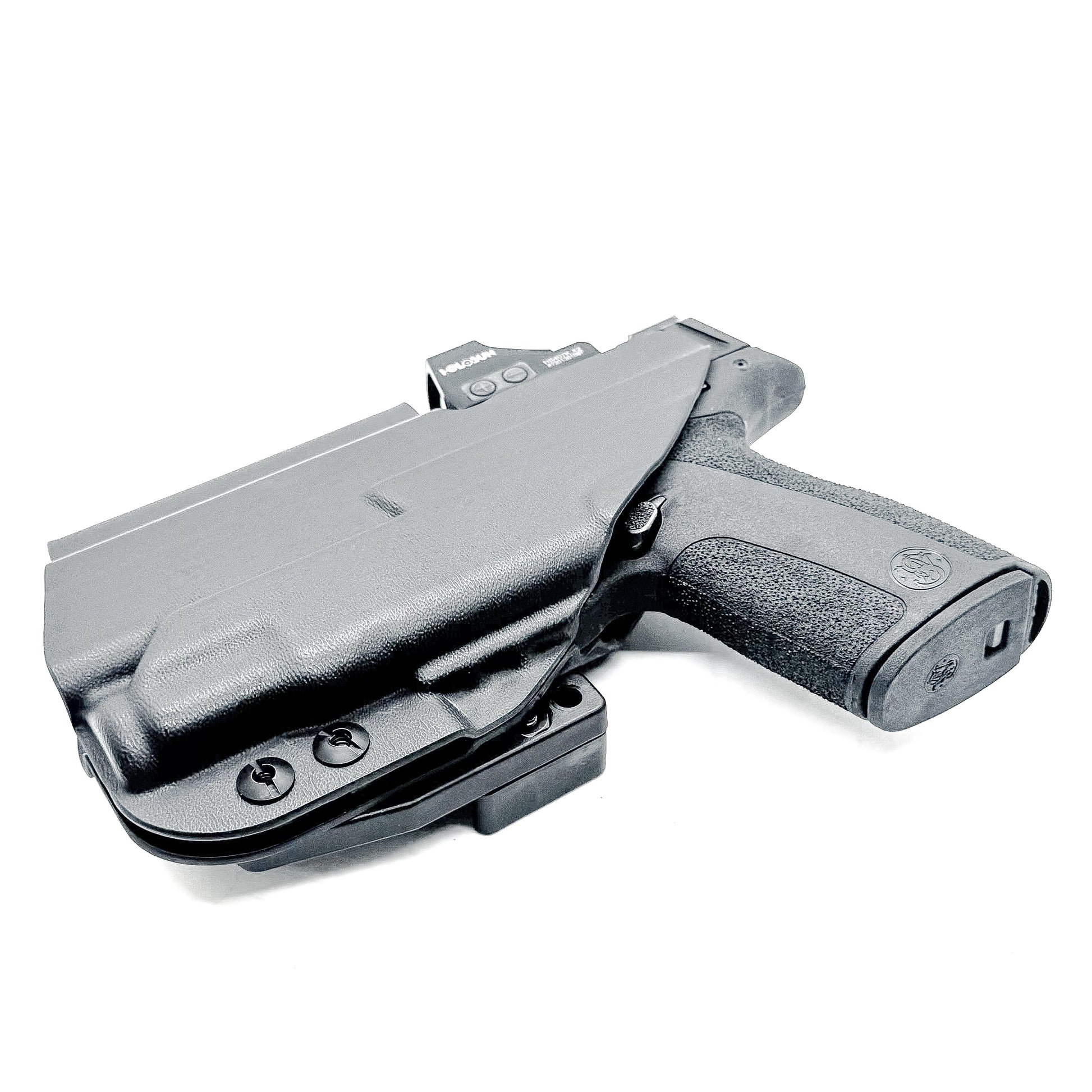 Black Kydex IWB holster for Smith & Wesson M&P Shield X and Streamlight 1913 TLR-7 Sub with a Monoblock and Modwing