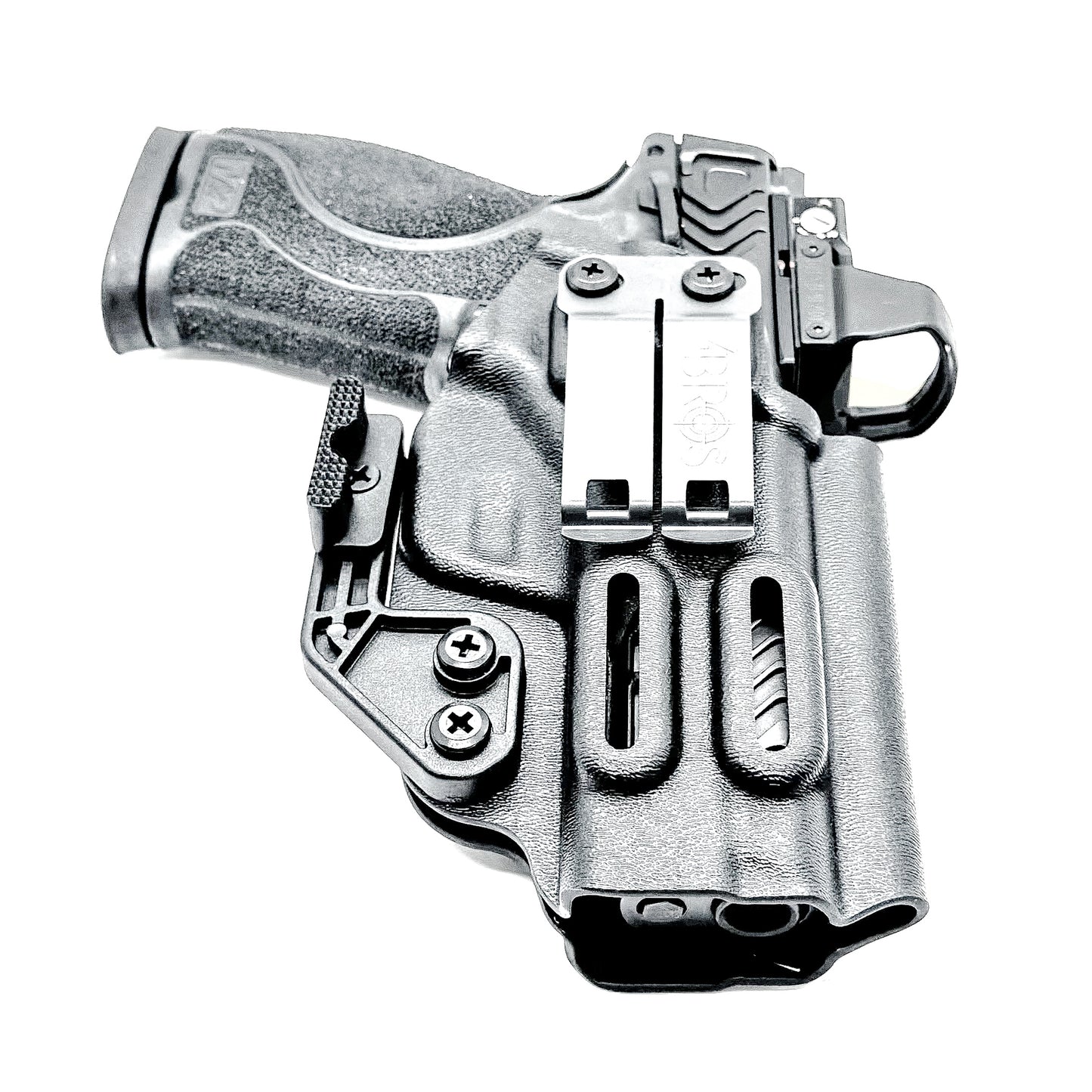 Black Inside Waistband IWB holster for the Smith & Wesson 4" 10MM M2.0 shown with a DCC Monoblock and a Modwing.