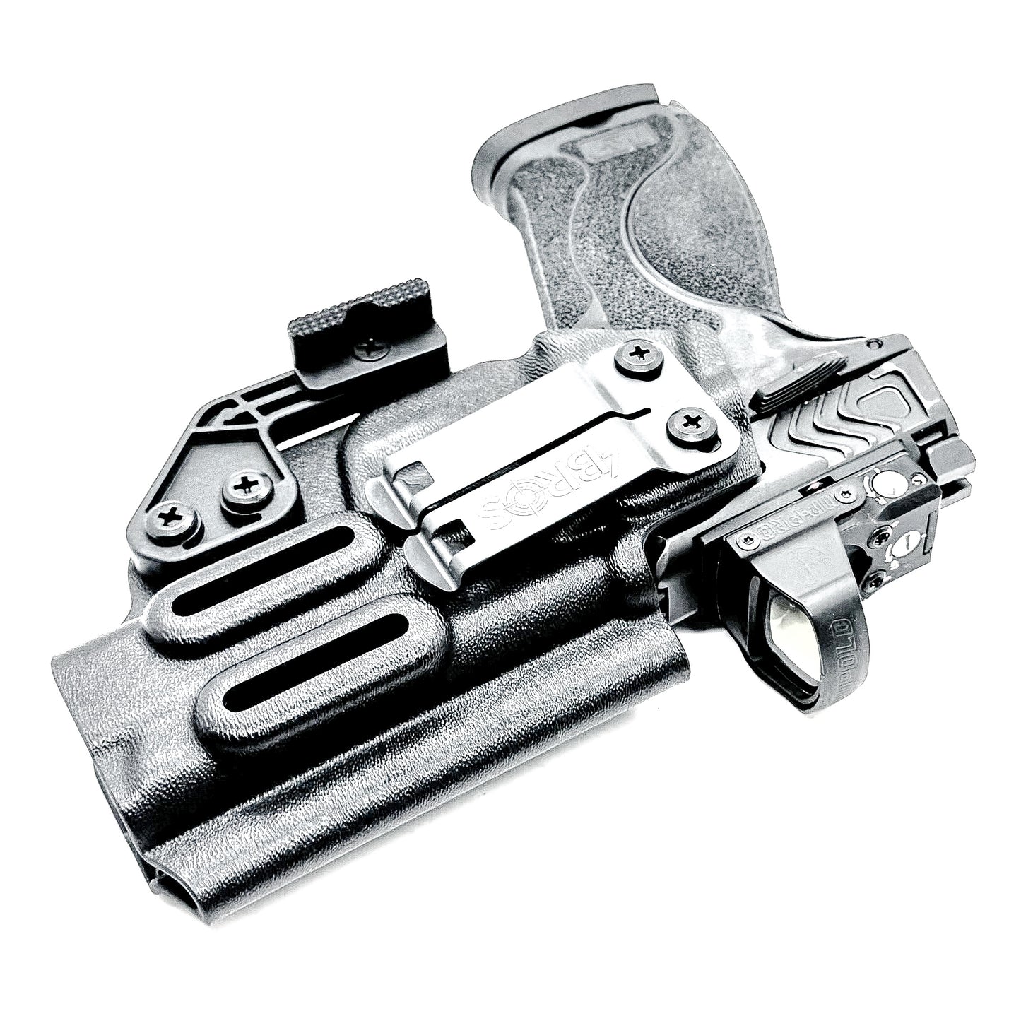 Black Inside Waistband IWB holster for the Smith & Wesson 4" 10MM M2.0 shown with a DCC Monoblock and a Modwing.