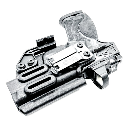 Black Inside Waistband IWB holster for the Smith & Wesson 4" 10MM M2.0 shown with a DCC Monoblock and a Modwing.