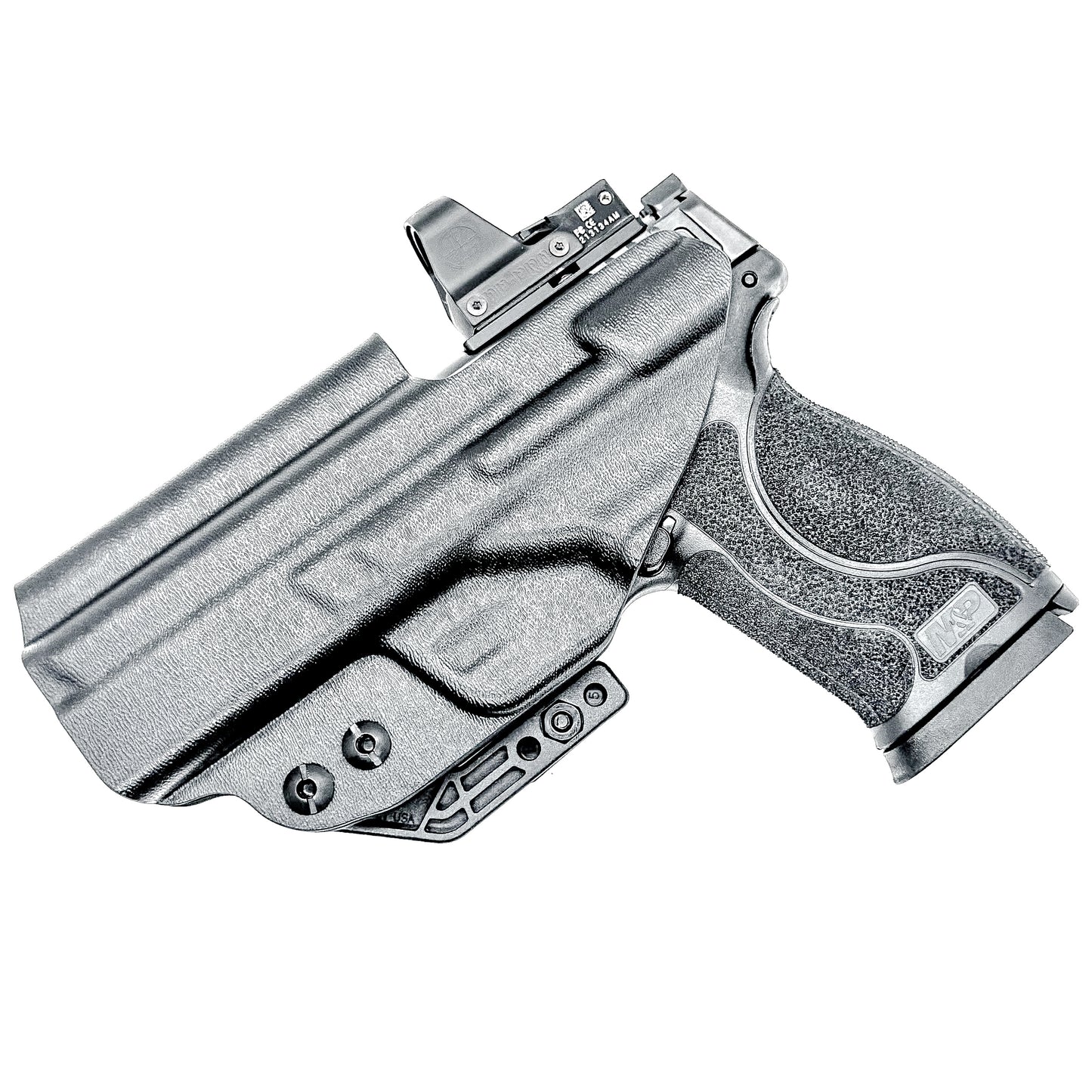 Black Inside Waistband IWB holster for the Smith & Wesson 4" 10MM M2.0 shown with a DCC Monoblock and a Modwing.