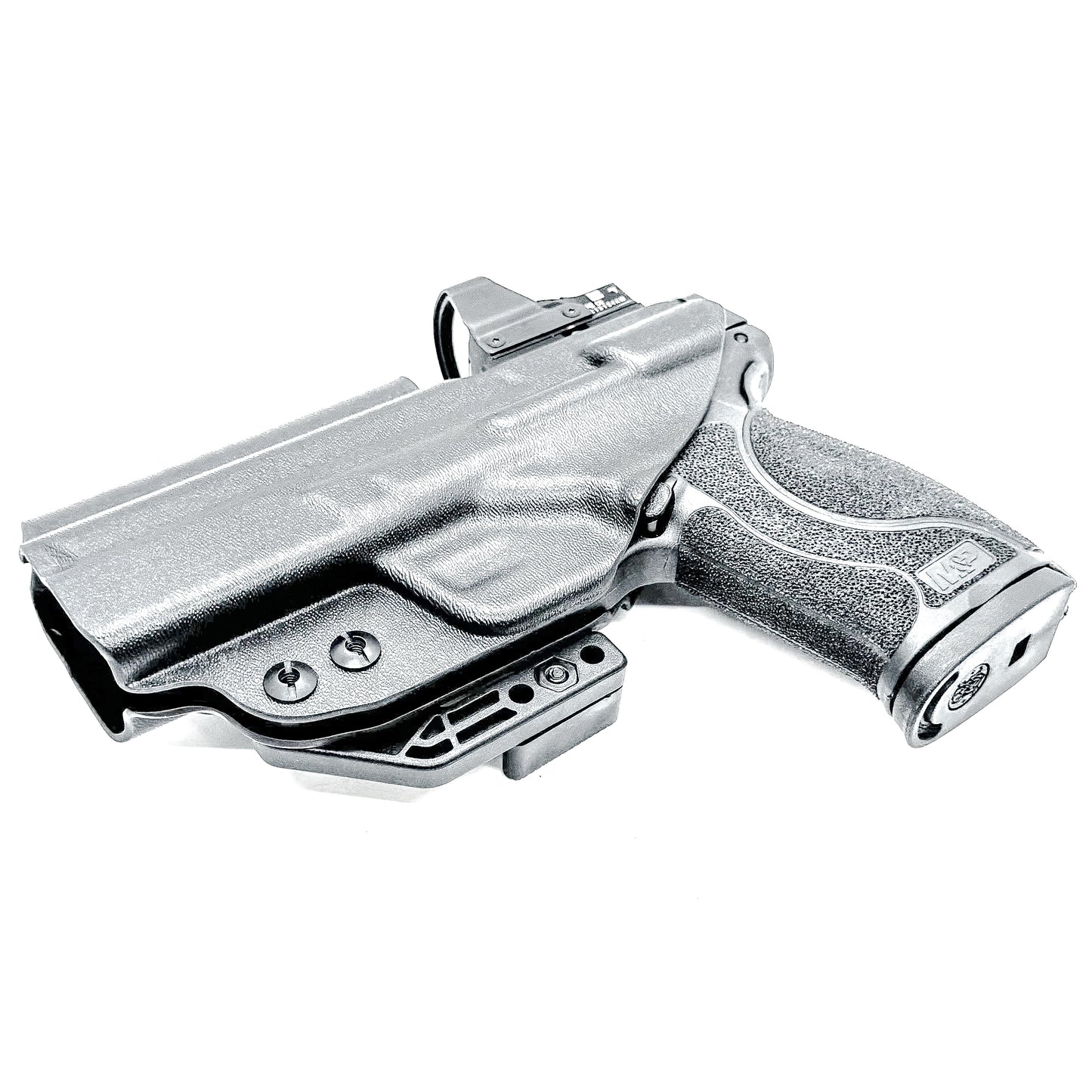 Black Inside Waistband IWB holster for the Smith & Wesson 4" 10MM M2.0 shown with a DCC Monoblock and a Modwing.