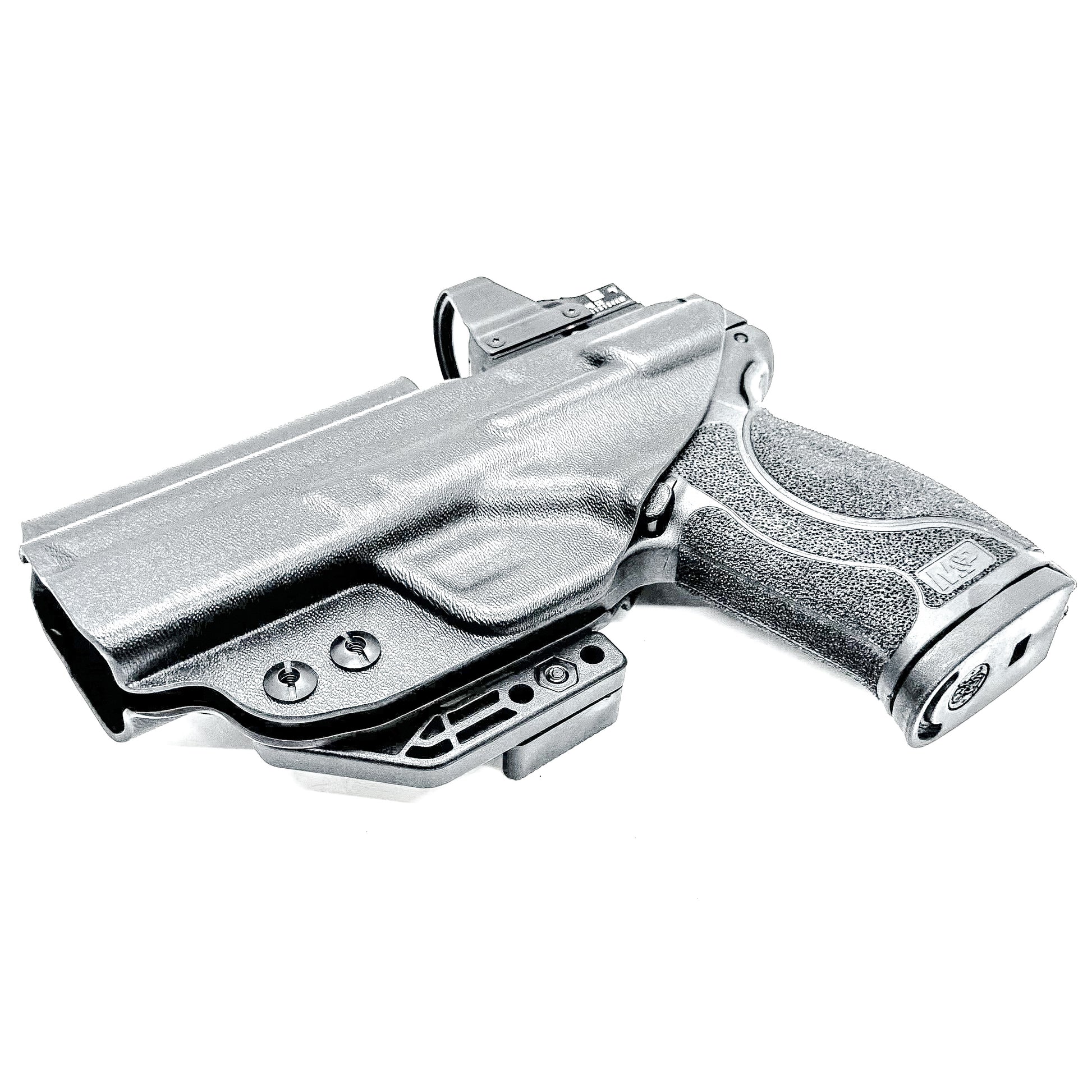 Black Inside Waistband IWB holster for the Smith & Wesson 4" 10MM M2.0 shown with a DCC Monoblock and a Modwing.