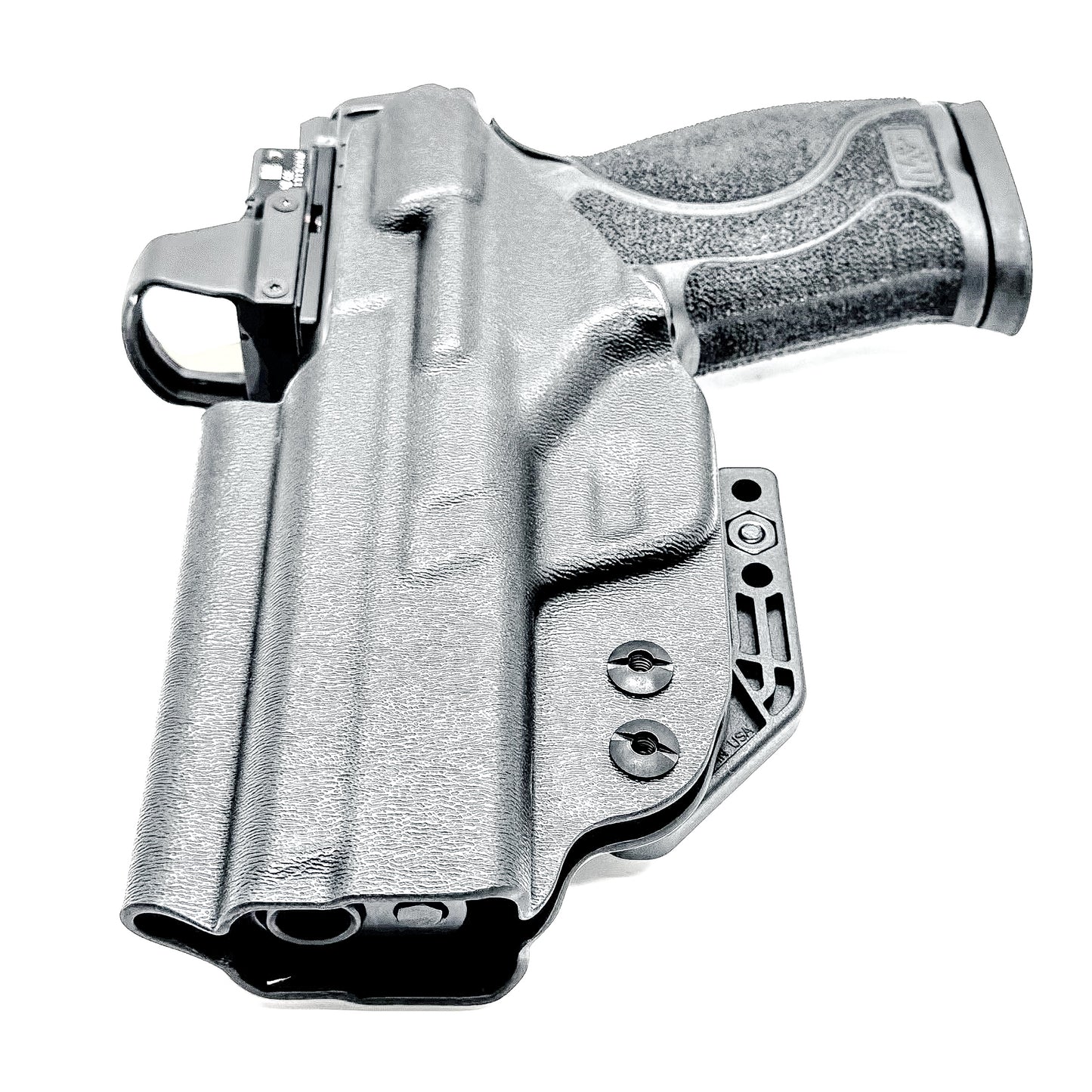 Black Inside Waistband IWB holster for the Smith & Wesson 4" 10MM M2.0 shown with a DCC Monoblock and a Modwing.