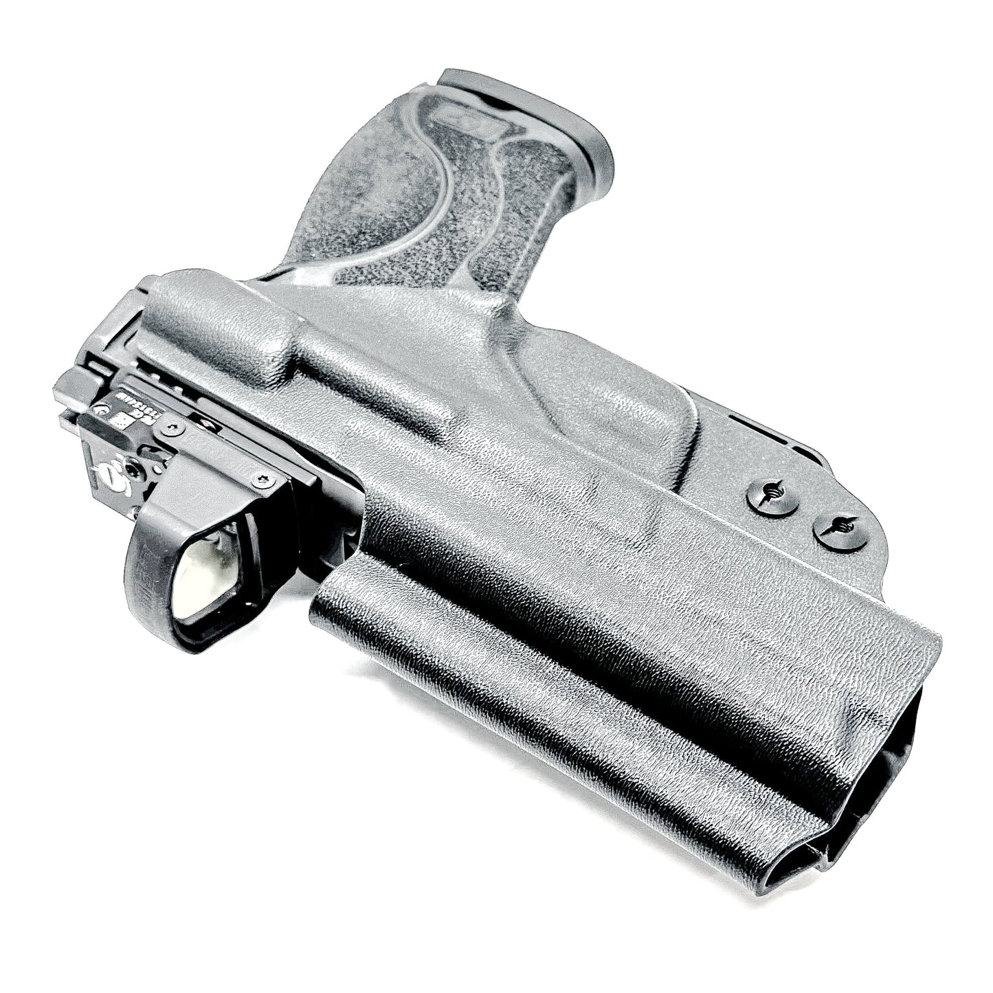 Black Inside Waistband IWB holster for the Smith & Wesson 4" 10MM M2.0 shown with a DCC Monoblock and a Modwing.