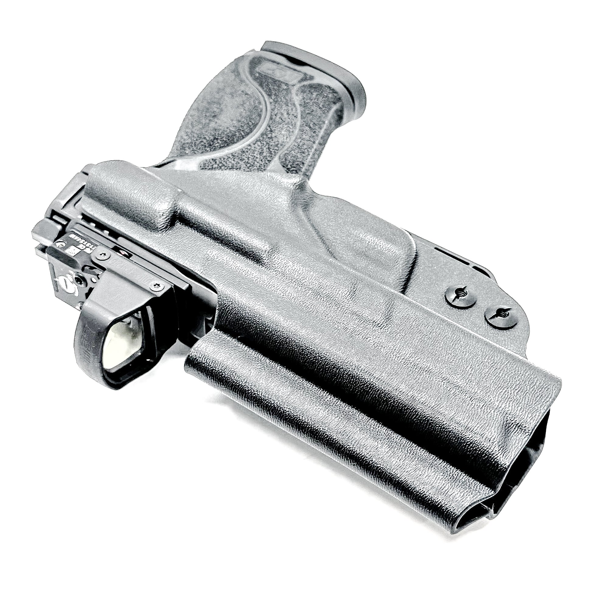 Black Inside Waistband IWB holster for the Smith & Wesson 4" 10MM M2.0 shown with a DCC Monoblock and a Modwing.