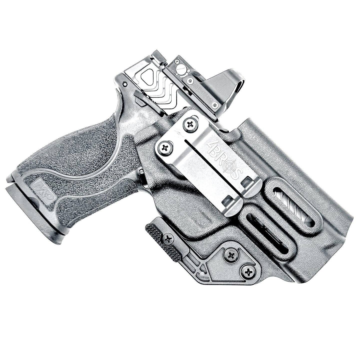 Black Inside Waistband IWB holster for the Smith & Wesson 4" 10MM M2.0 shown with a DCC Monoblock and a Modwing.