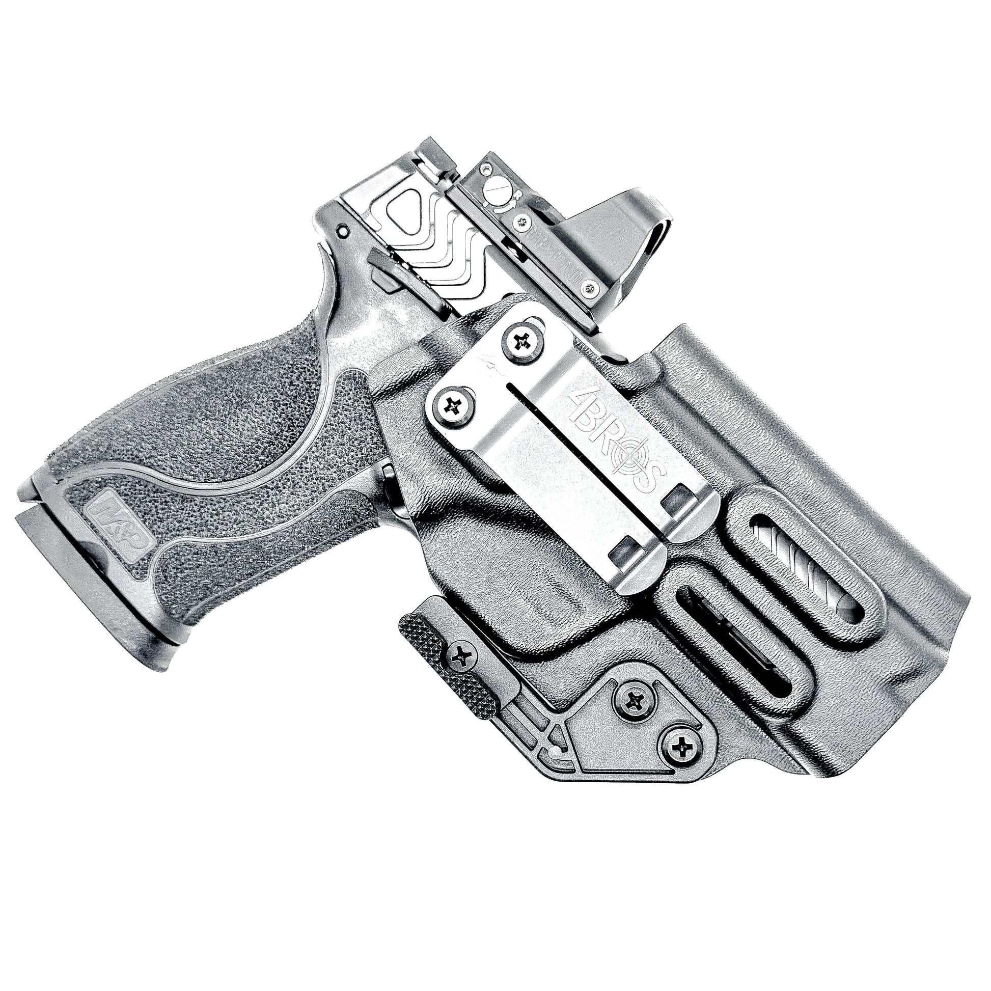 Black Inside Waistband IWB holster for the Smith & Wesson 4" 10MM M2.0 shown with a DCC Monoblock and a Modwing.