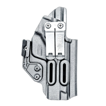 Black inside waistband IWB holster for the Smith & Wesson 10MM 4" and 4.6" pistol from Four Brothers Holsters.  Shown with DCC Monoblock and a modwing.